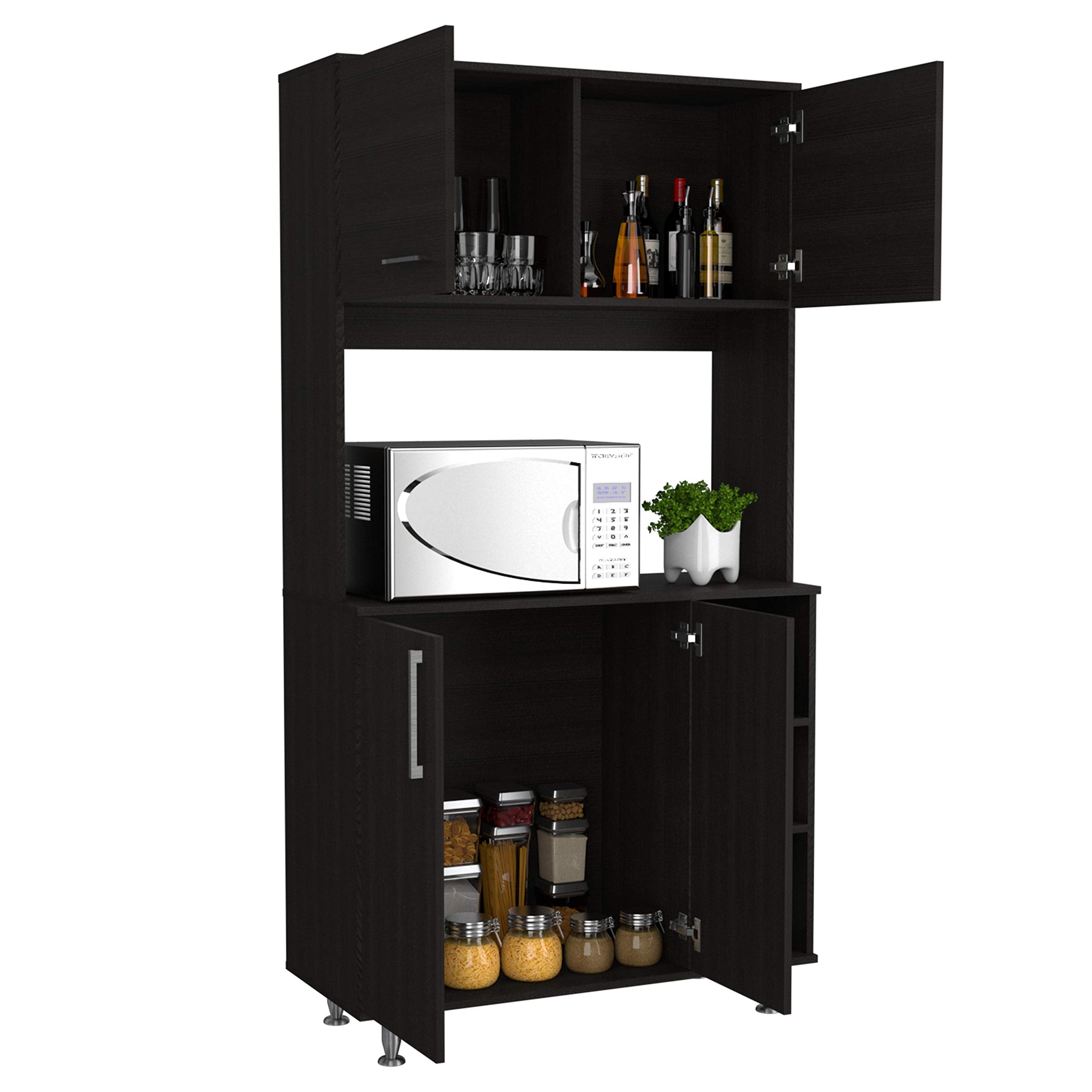 Malta Kitchen Pantry Double Door Cabinet, 4 Legs, 3 Shelves, Black