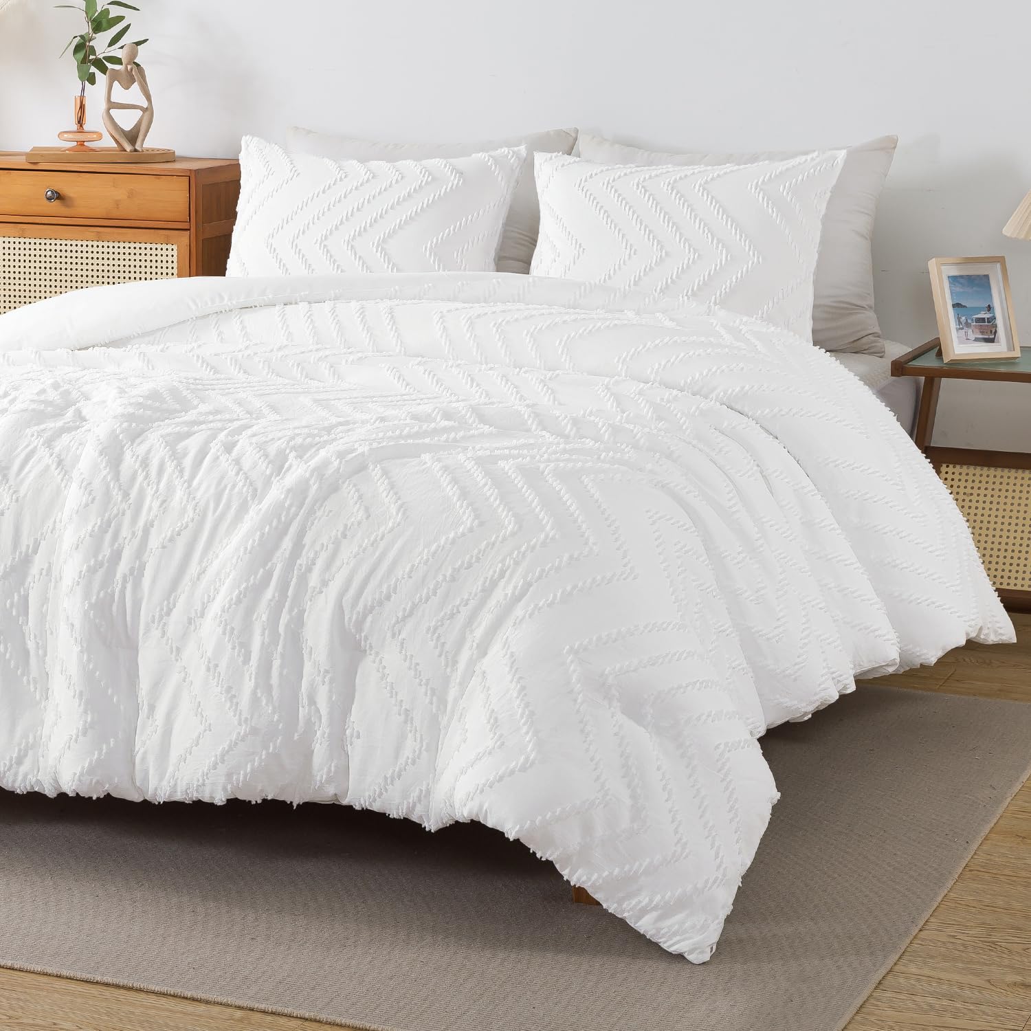 Andency White Comforter King Size, Boho Soft Fluffy Warm Lightweight Bedding Comforter Sets For King Bed, 3 Pieces Chevron Tufted Aesthetic Microfiber Lightweight Comforter Set