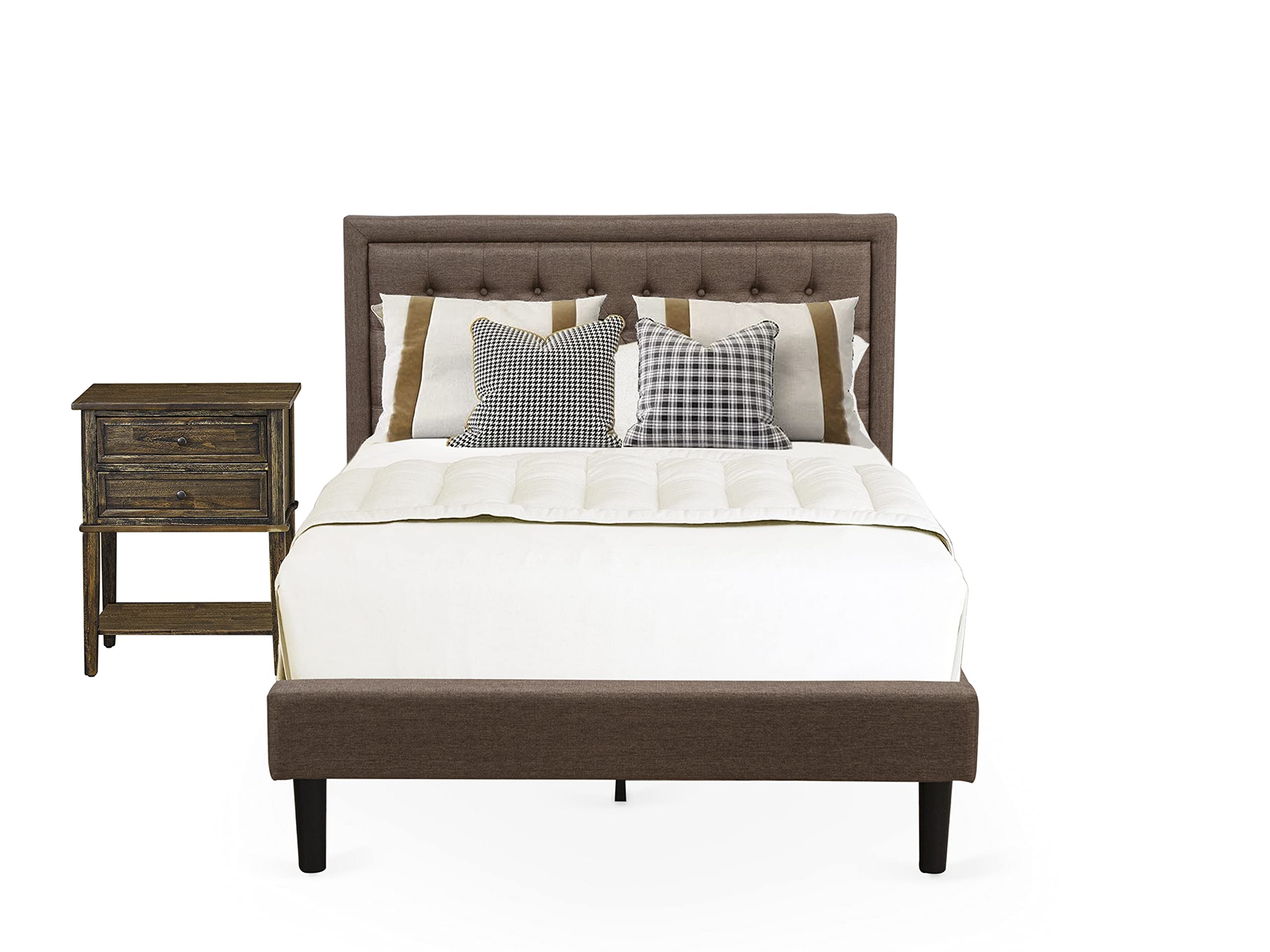 East West Furniture KD18F-1VL07 2 Piece Full Size Bed Set - 1 Bed Frame Brown Linen Fabric Padded and Button Tufted Headboard with 1 Nightstand - Distressed Jacobean Finish Nightstand