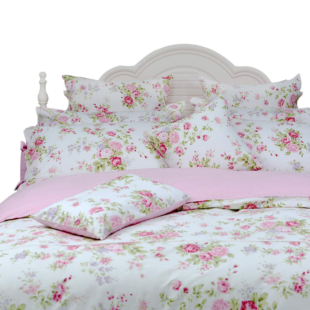 Fadfay Rose Floral Duvet Cover Set Pink Grid Cotton Girls Bedding With Hidden Zipper Closure 3 Pieces, 1Duvet Cover & 2Pillowcas