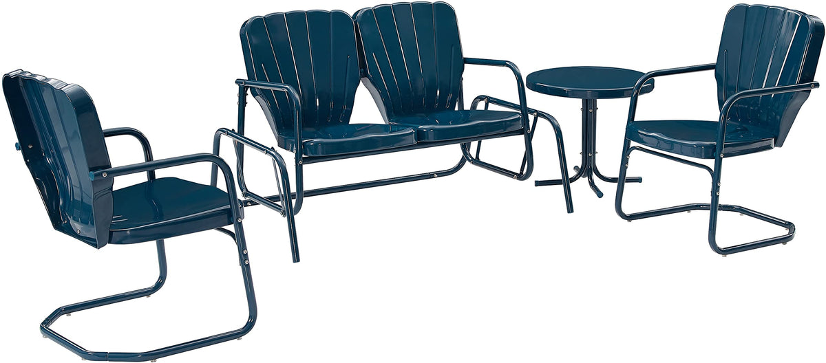 Crosley Furniture Ridgeland 4-Piece Retro Metal Outdoor Loveseat Glider Patio Furniture Set for Porch, Deck, Navy Gloss