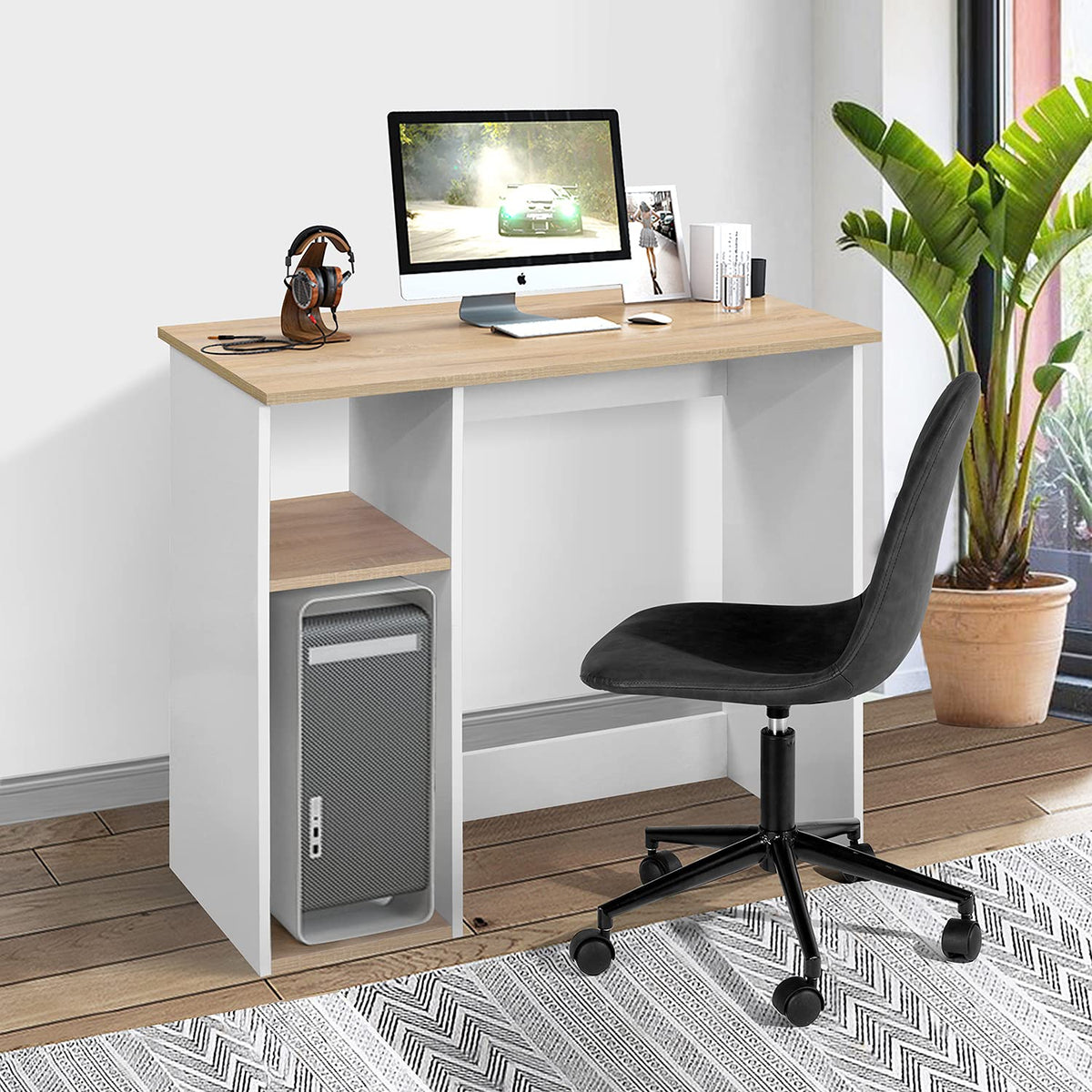 HomeRoots Oak/White MDF Modern Geo Oak and White Computer Table with Storage Shelves