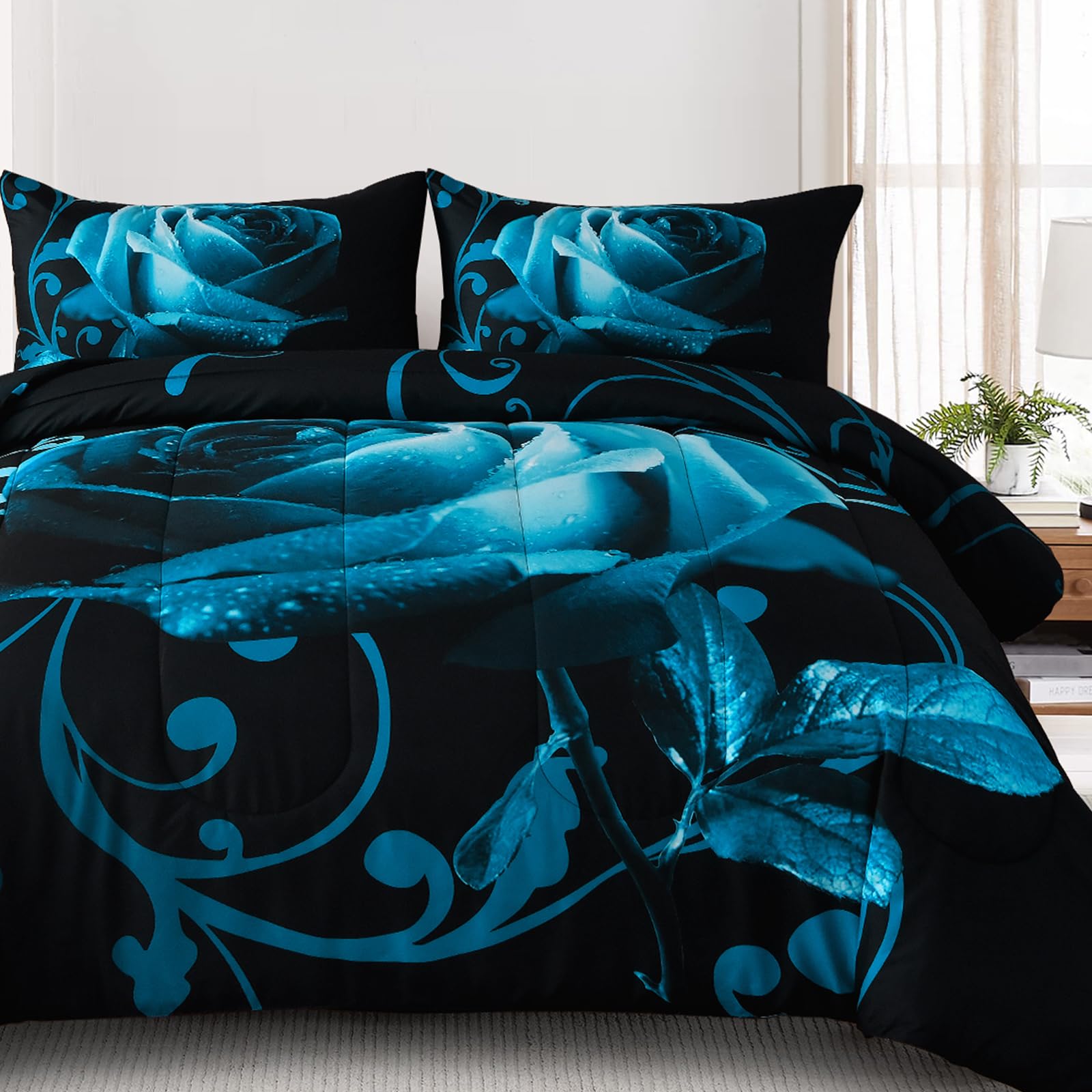 Wongs Bedding Teal Blue Comforter Set Queen Valentine'S Day Reversible Teal Rose Pattern Printed Bedding Comforter Set With 2 Pi