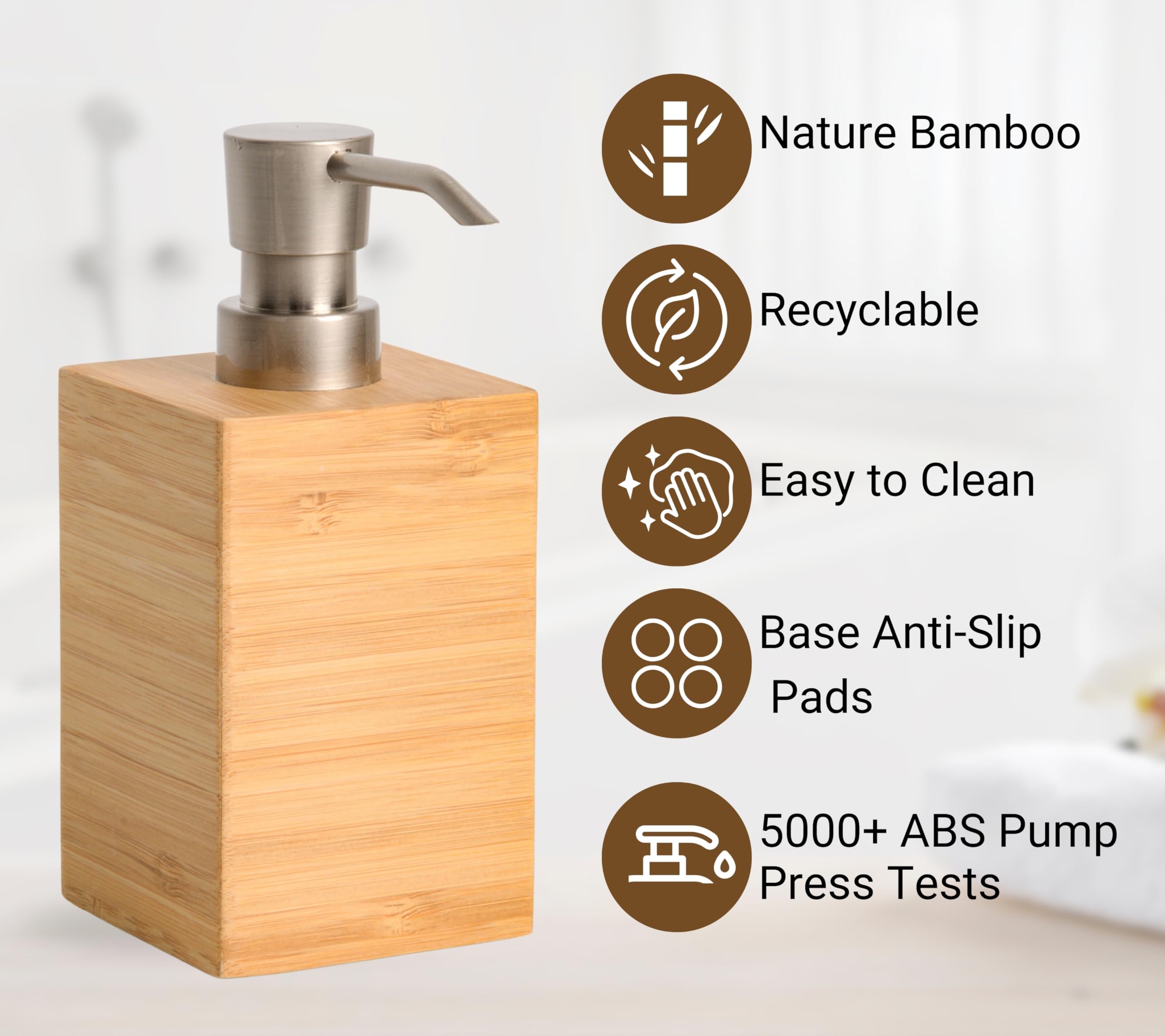 Clasin Home Bamboo Soap Dispenser, 7 Fl Oz Wooden Soap Dispenser, Elegant Square Design, Modern Indoor Kitchen Bathroom Countert