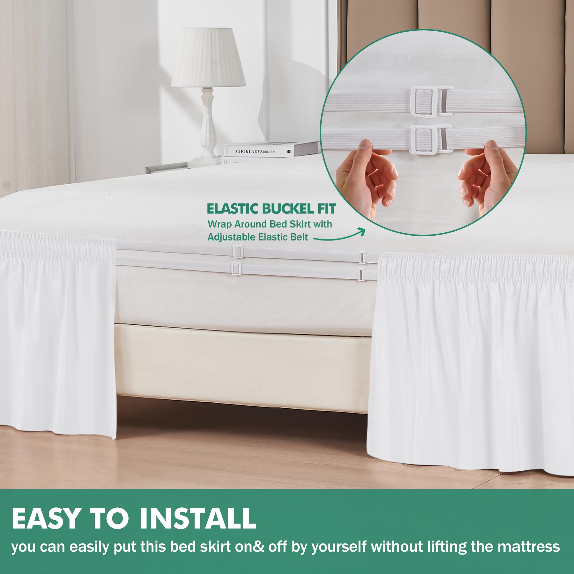 Biscaynebay Wrap Around Bed Skirts With Split Corners For Queen Beds 17' Drop, White Elastic Dust Ruffles Easy Fit Wrinkle & Fade Resistant Silky Luxurious Fabric Solid Machine Washable