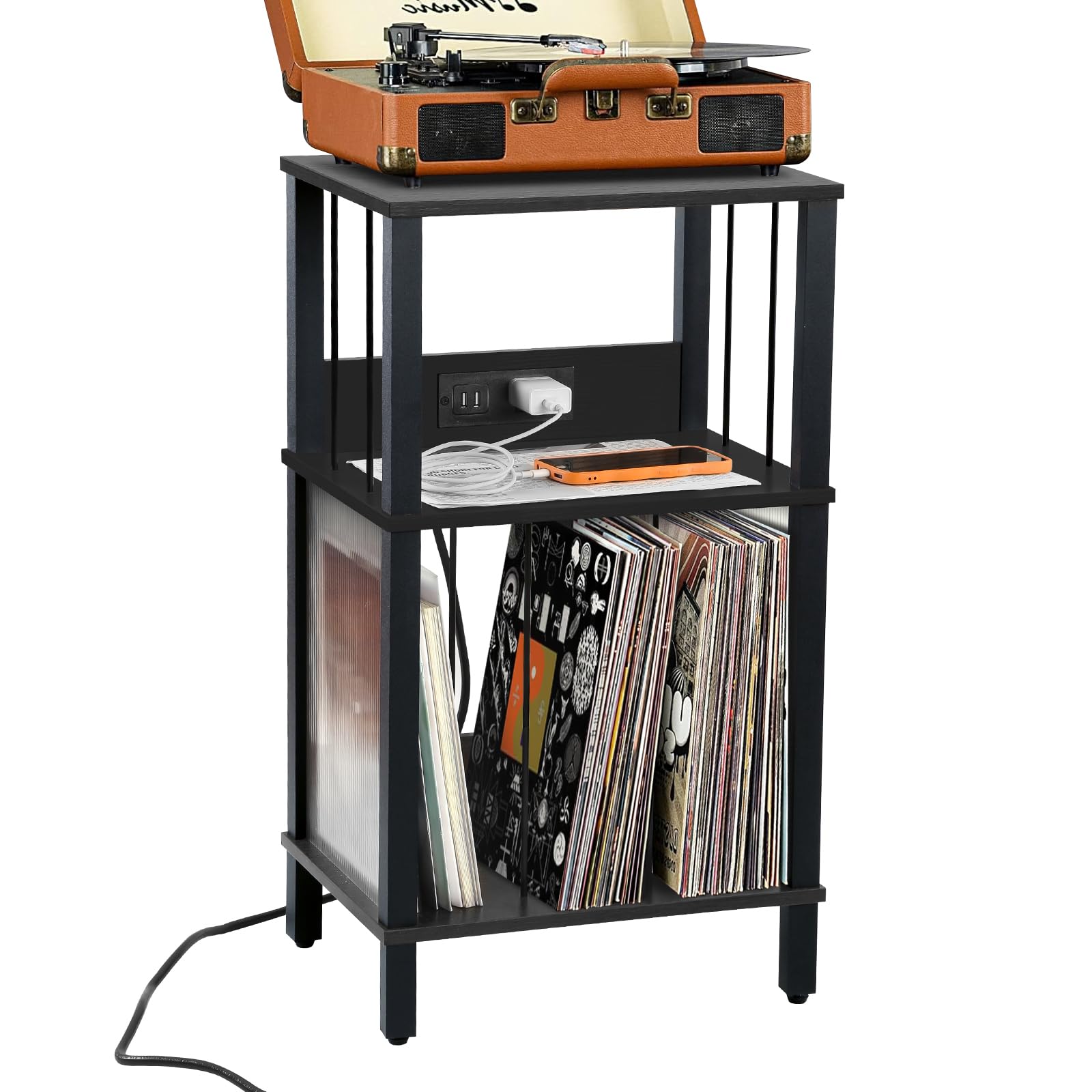 DGSANDGO Record Player Stand with Charging Station, 3 Tier End Table with Vinyl Record Holder, Record Shelf Up to 100 Albums, fo