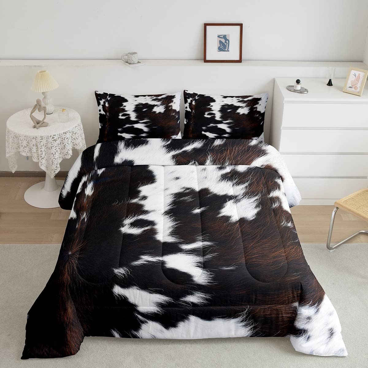Cow Fur Print Comforter Set Full Size,Cowhide Bedding Set 3Pcs For Kids Teens Boys Girls Room Decor,Farmhouse Animal Skin Quilt
