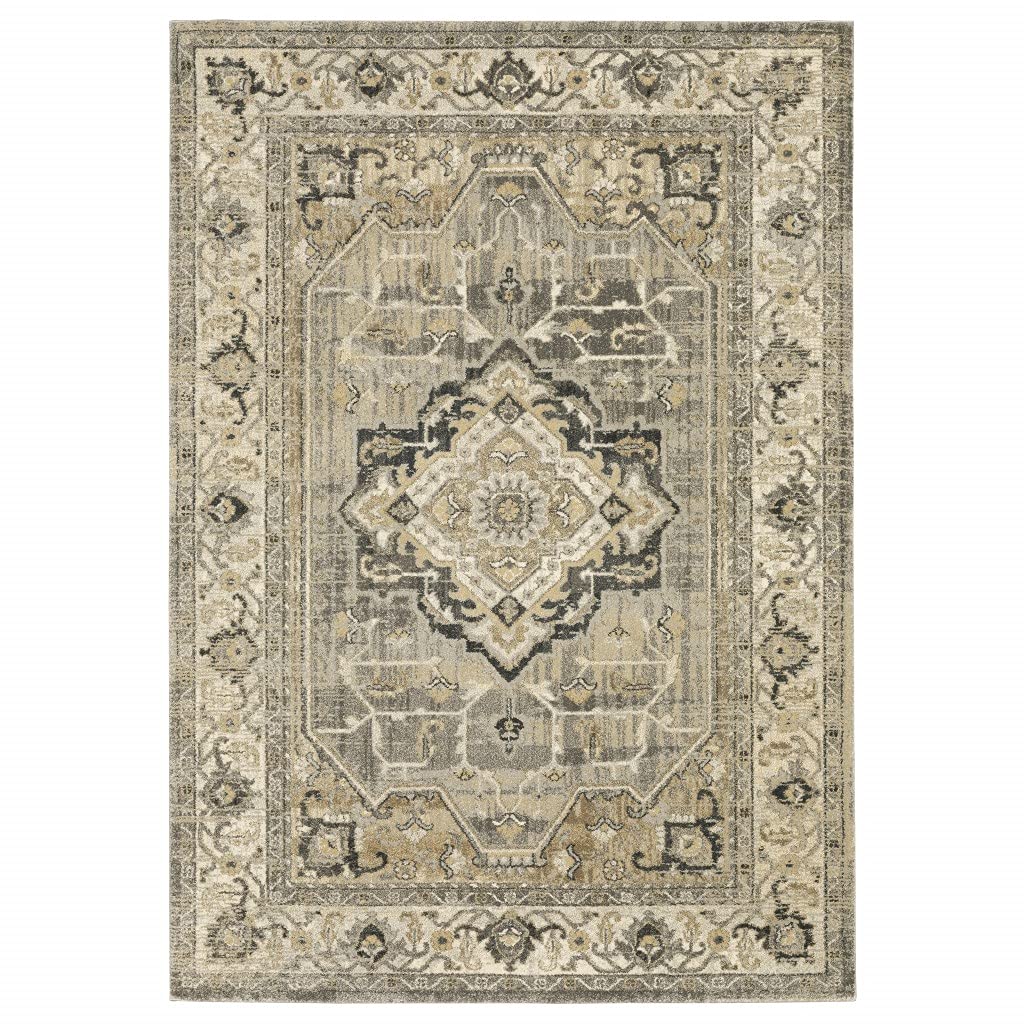 HomeRoots Polypropylene 10’ x 13’ Beige and Gray Traditional Medallion Indoor Area Rug