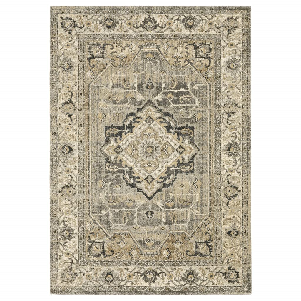 HomeRoots Polypropylene 5’ x 8’ Beige and Gray Traditional Medallion Indoor Area Rug