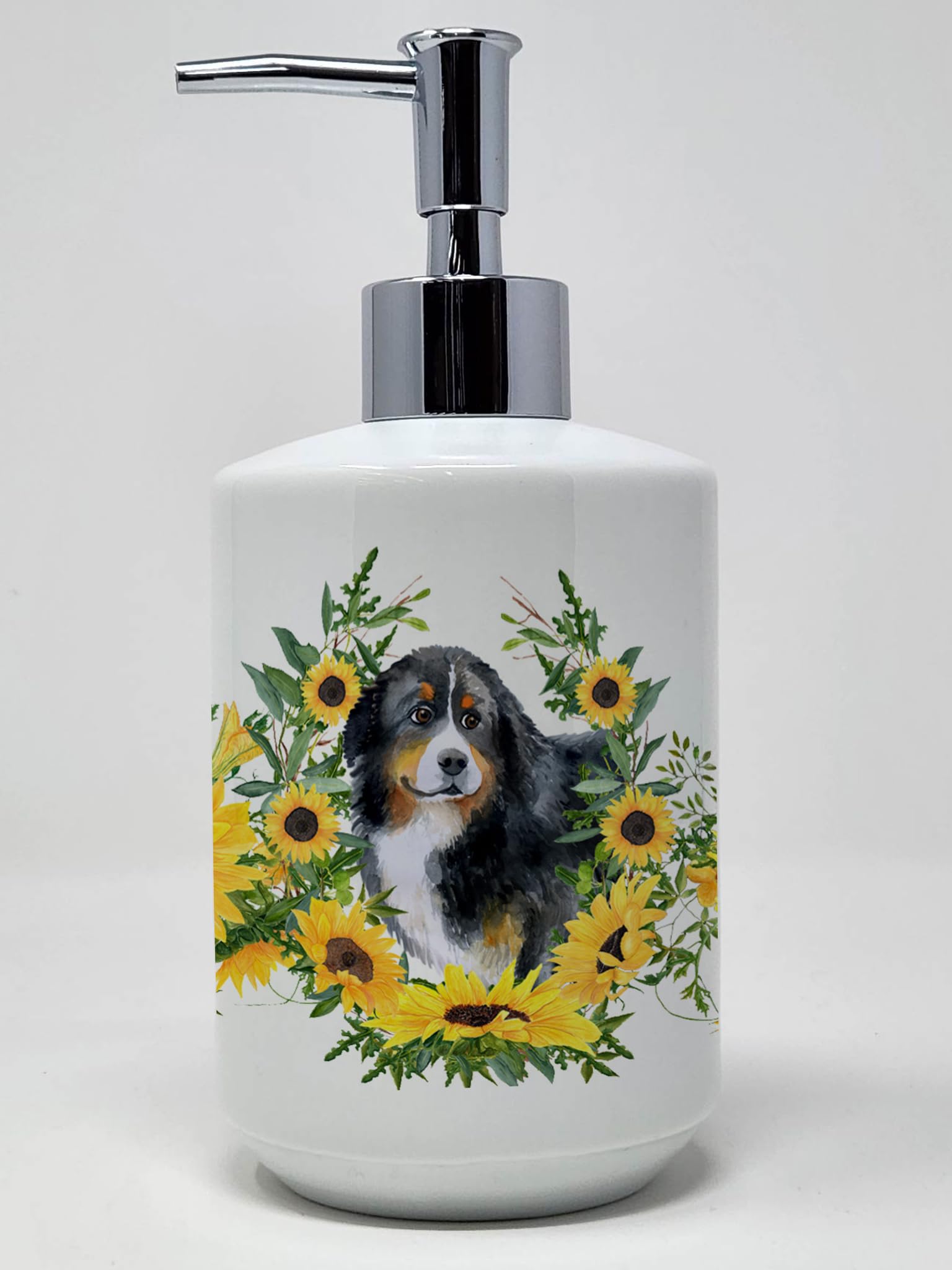 Caroline's Treasures CK2837SOAP Bernese Mountain Dog in Sunflowers Ceramic Soap Dispenser Hand Soap Dispenser Pump Bottles for B