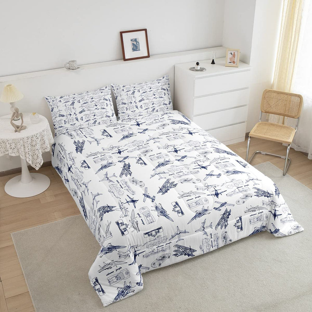 Feelyou Aircraft Bedding Set Kids Airplane Print Comforter Set Boys Girls Decor Aircraft Flying Comforter Cover Set Microfiber S