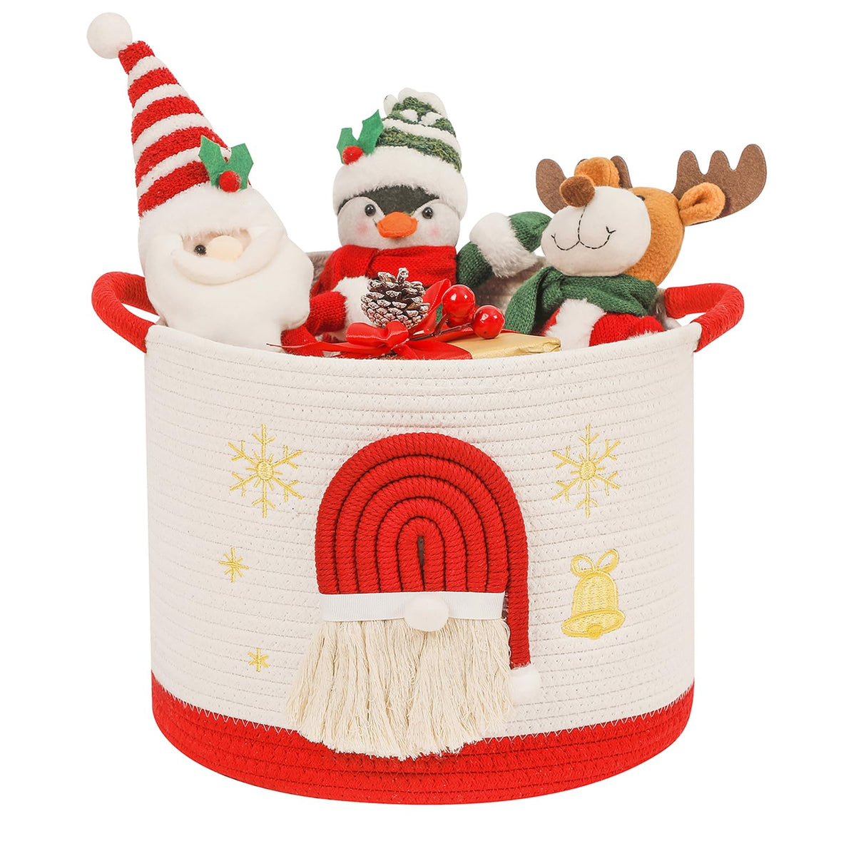 Christmas Basket Cotton Rope Blanket Storage Basket Large Christmas Buckets with Red Handle, Laundry Baskets with 3D Santa Claus