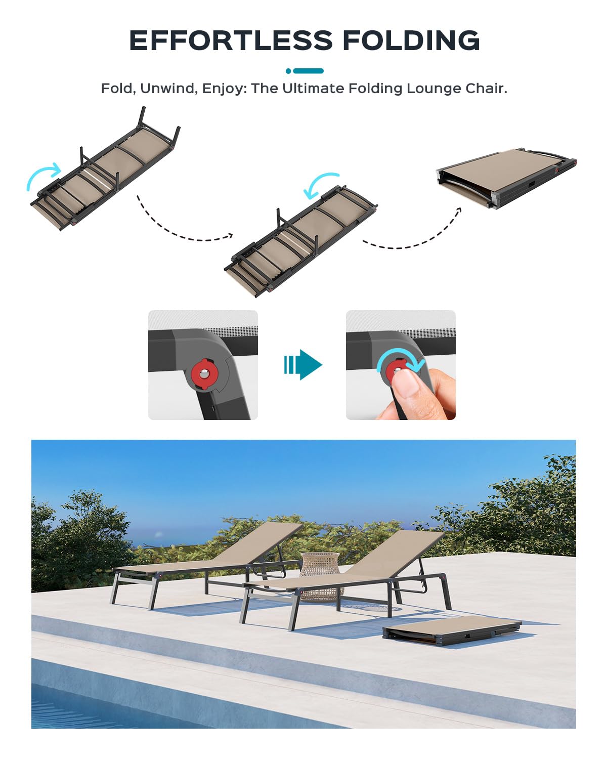 Ciokea Foldable Patio Chaise Lounge Chair Set of 2, Adjustable Aluminum Outdoor Lounger in Khaki for Poolside, Lawn, and Deck