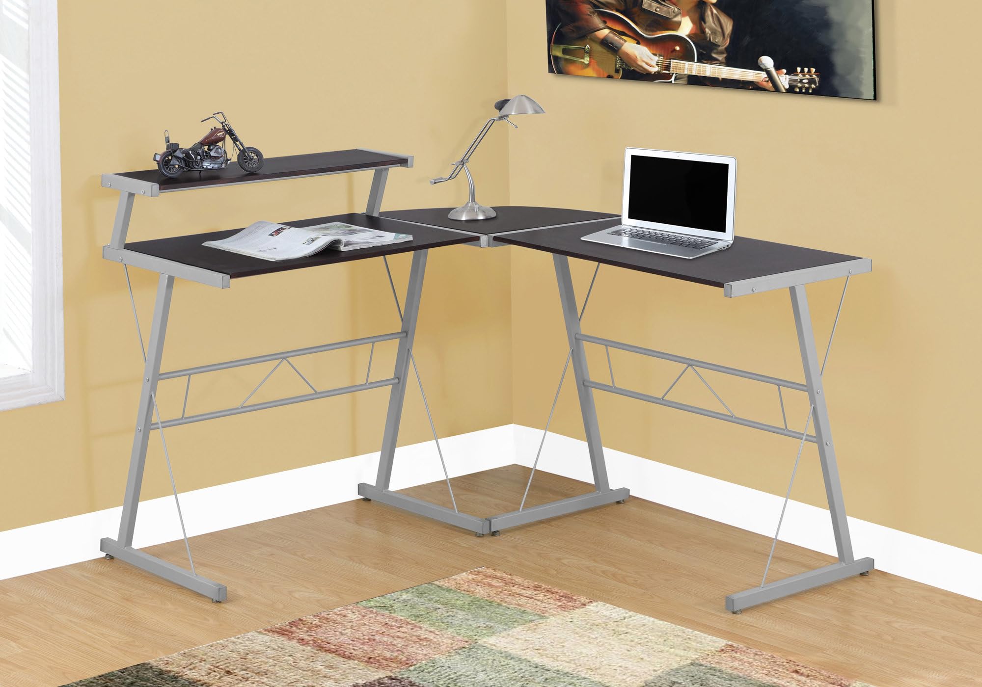 Monarch Specialties L-Shaped Corner Desk With Shelf For Home & Office, 48&quot; L, Cappuccino-Silver Metal Legs,