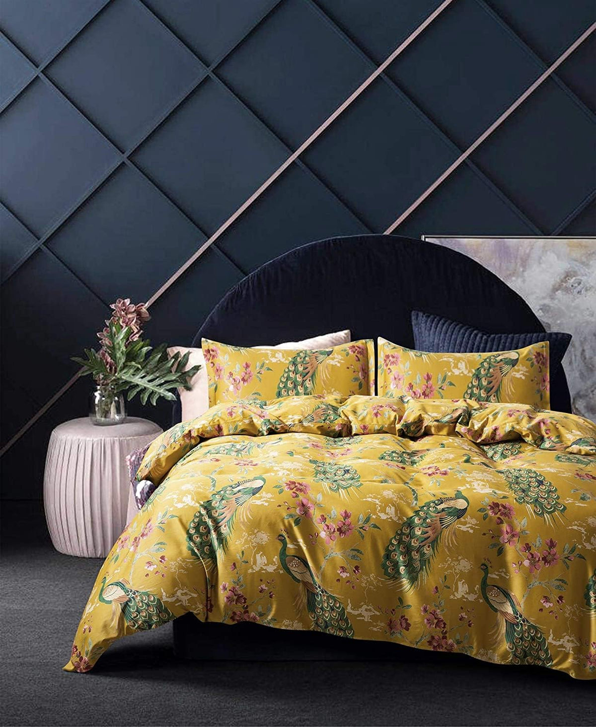 Eikei Oriental Garden Majestic Peacock Bird Floral Duvet Cover Chinoiserie Chic Asian Style Blooming Trees Vines And Branches Lo