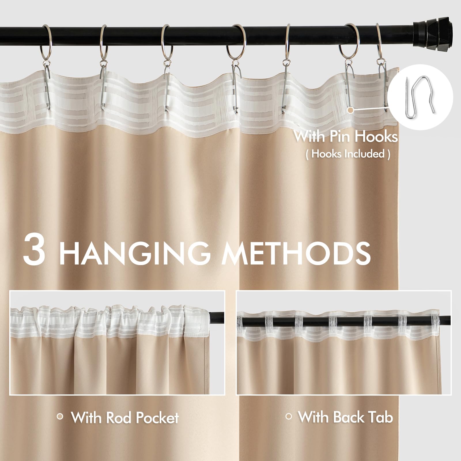 Miulee Back Tab Beige Curtains 108 Inch Long 2 Panels Set For Living Room Bedroom Privacy, Cream Rod Pocket/Pinch Pleated Light Blocking Extra Long Thermal Insulated Room Darkening Blackout Drapes
