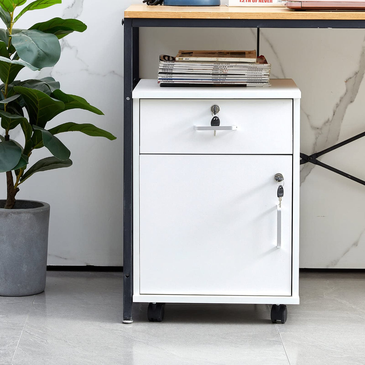 Ofcasa Mobile File Cabinet With Lockable Drawer & Door, Under Desk Cabinet With 360°Swivel Wheels, Wooden Stationery Storage Cabinet For Legal/Letter/ A4 Documents (White)