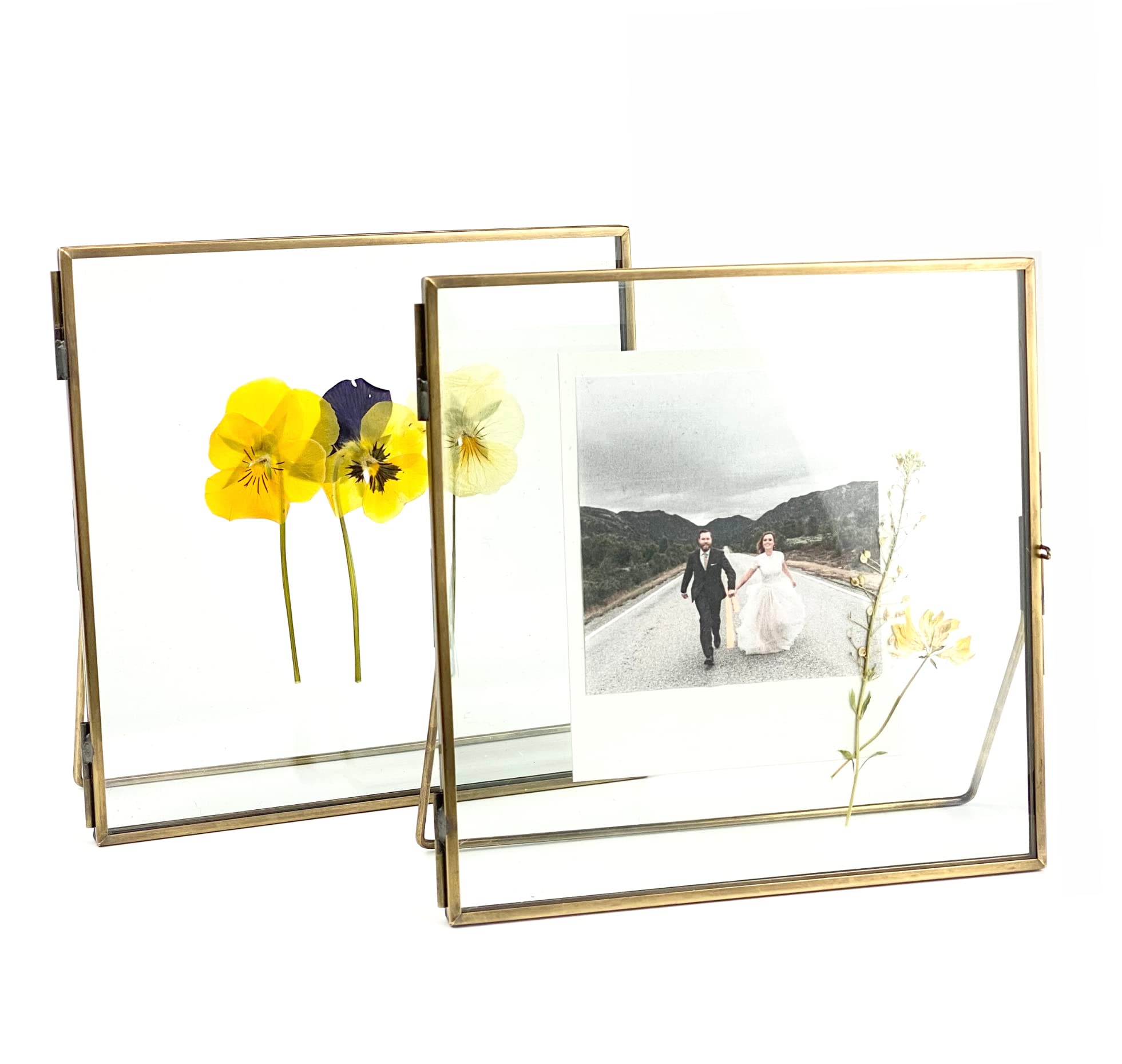 Beedecor Double Glass Frame for Pressed Flowers, Leaf and Artwork,Bronze 6x6 Standing Square Metal Picture Frames, Set of 2 Pres