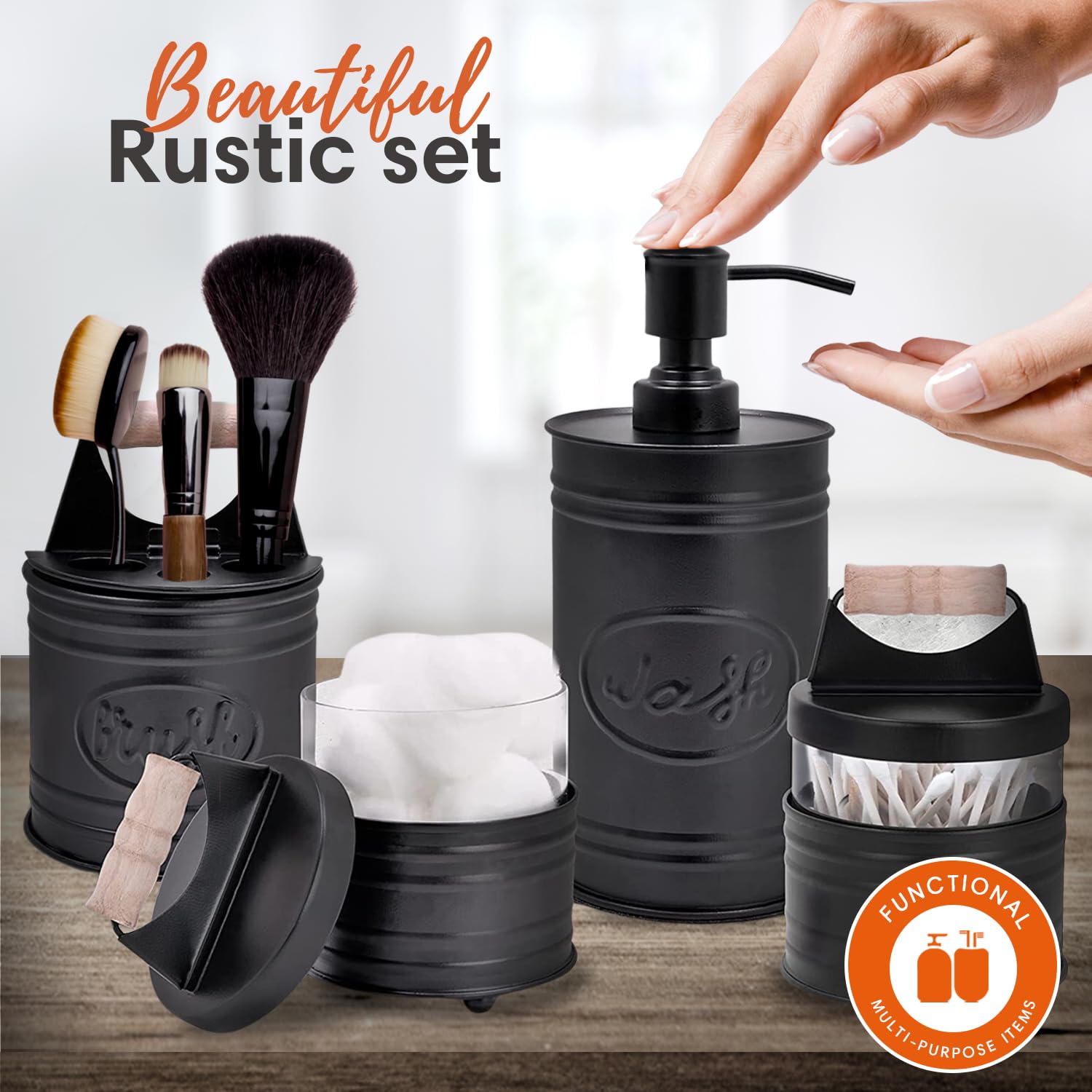 Autumn Alley Rustic Bathroom Accessories Set 4 - Black Farmhouse Soap Dispenser, Rustic Toothbrush Holder, 2 Apothecary Jars Qti