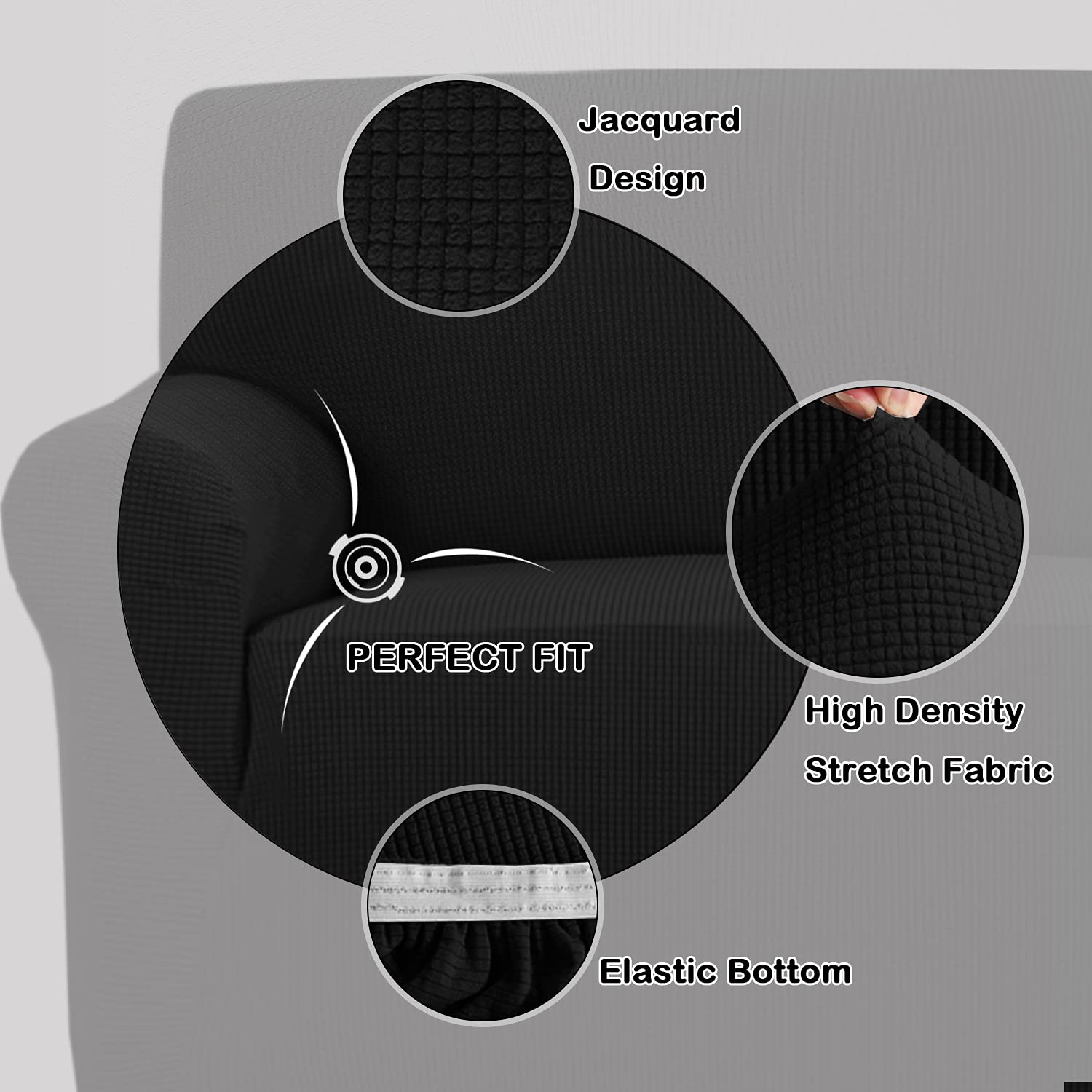 Turquoize Stretch Sofa Slipcover Chair Slipcover 1 Piece Chair Covers For Living Room Armchair Covers Slipcovers With Jacquard Fabric And Elastic Bottom Pet Furniture Protector (Armchair, Black)