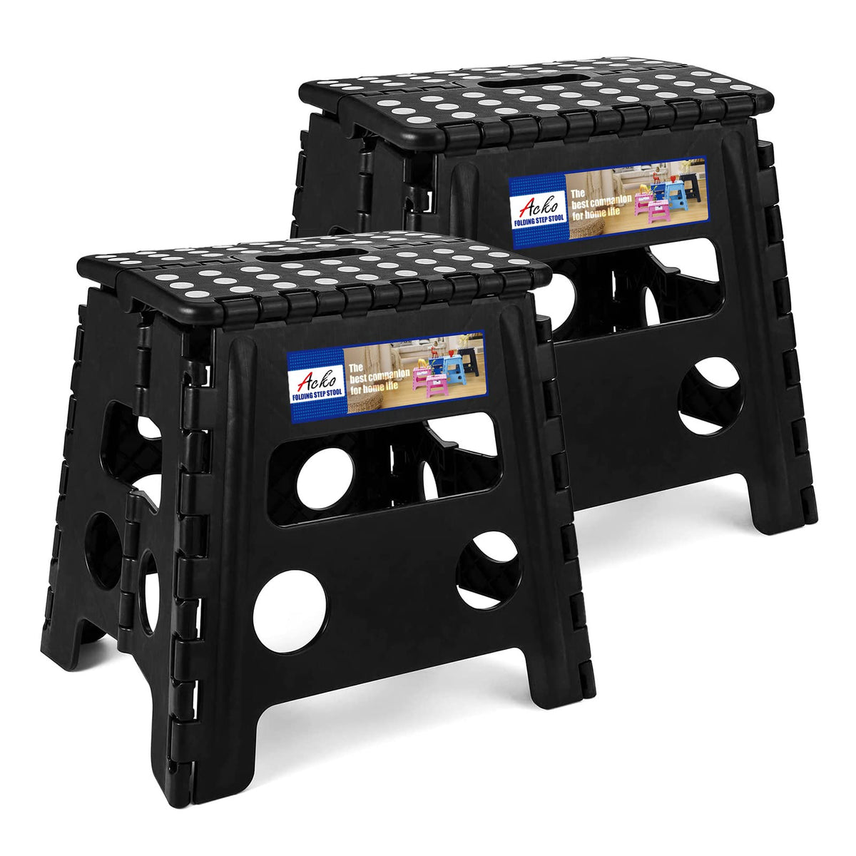 Acko 2Pack Folding Step Stool - 13' Height Premium Heavy Duty Foldable Stool For Kids And Adults, Kitchen Garden Bathroom Stepping Stool (Black, 2Pack)