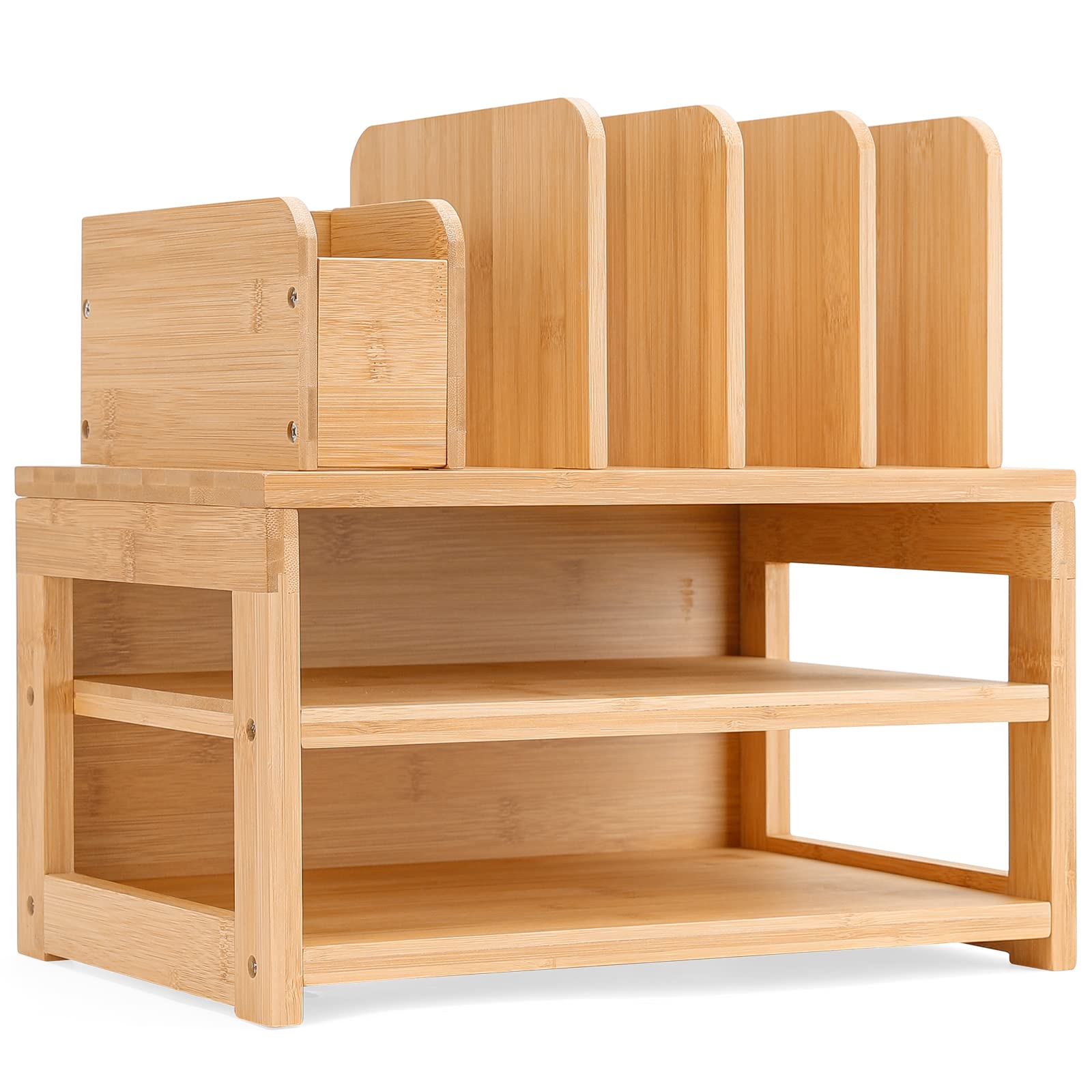 Homde Bamboo Desk Organizer With File Holder, Office Organizers For Desk With Adjustable Pen Holder, Desktop Letter Paper Tray O