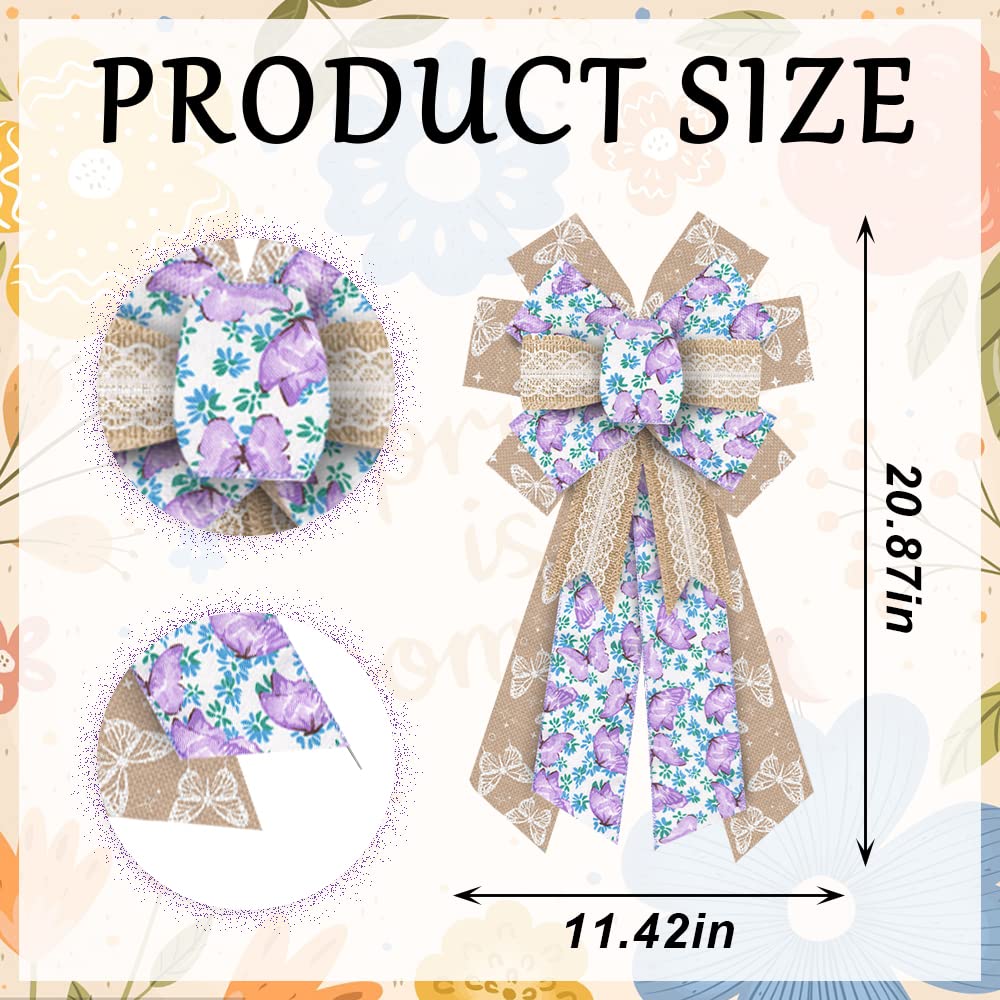 Large Spring Wreath Bows Purple Butterfly Burlap Bows For Wreath, Blue Brown Lace Flowers Ribbon Bows Spring Retro Flowers Decor