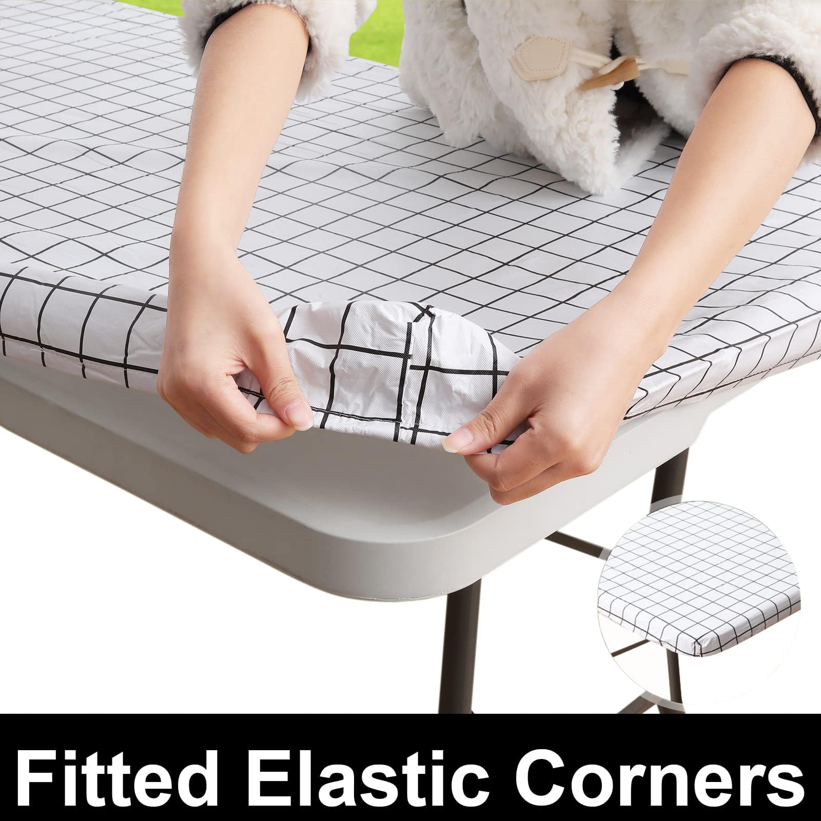 Spotjoy Rectangle Table Cloth, Elastic Fitted Flannel Backed Plastic Table Covers For 4 Foot Folding Tables, Waterproof Vinyl Ta
