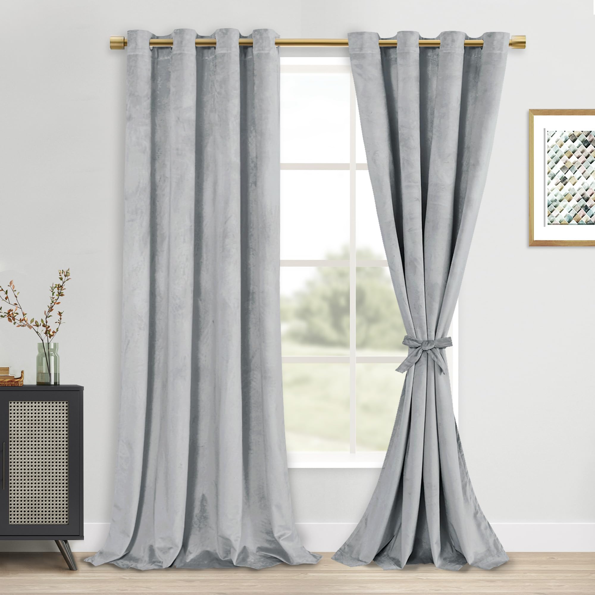 DWCN Velvet Curtains - 96 Inches Long Super Soft Luxury Grommet Tieable Window Treatments Room Darkening Privacy Protect Drapes 