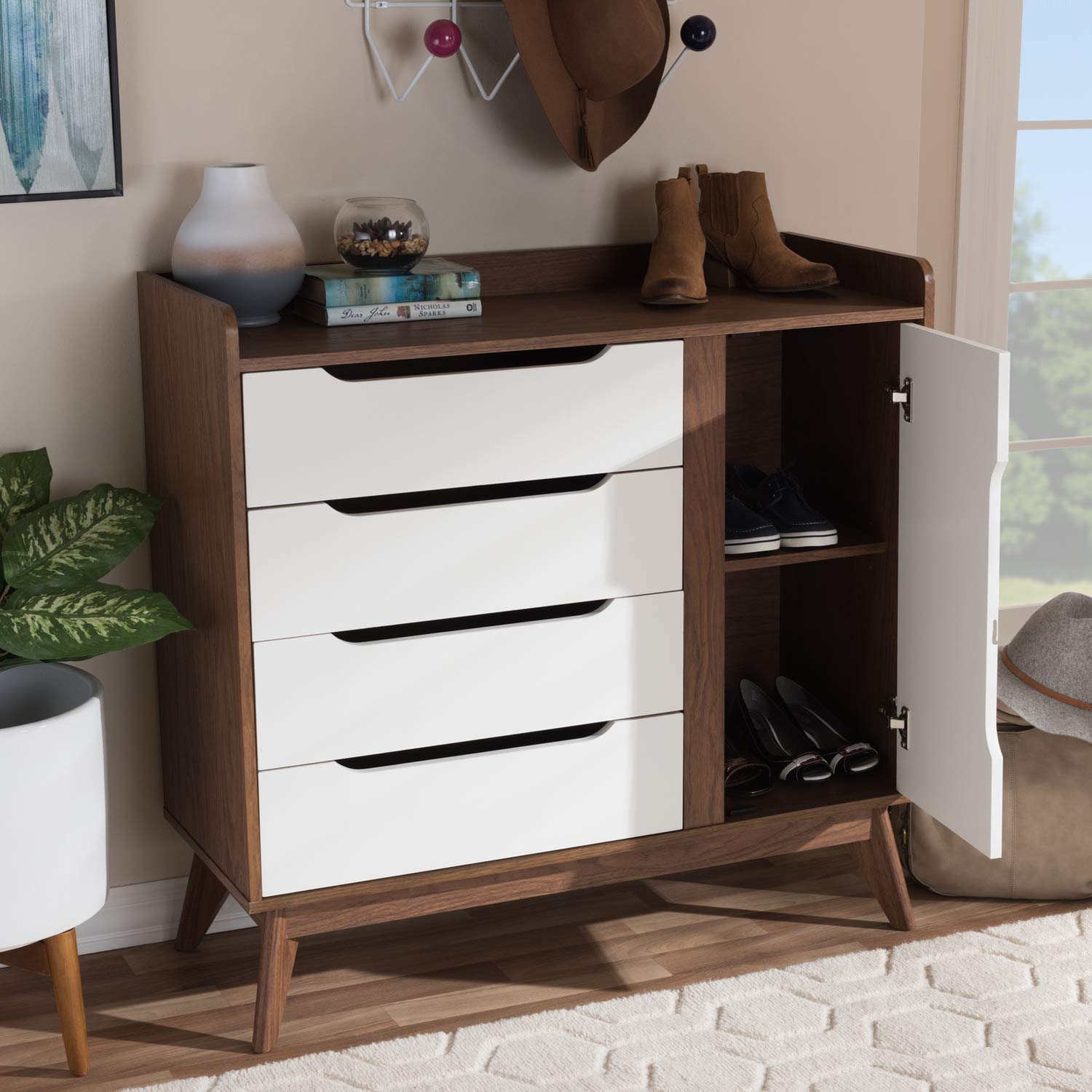 Baxton Studio Brighton Storage Shoe Cabinet in White and Walnut