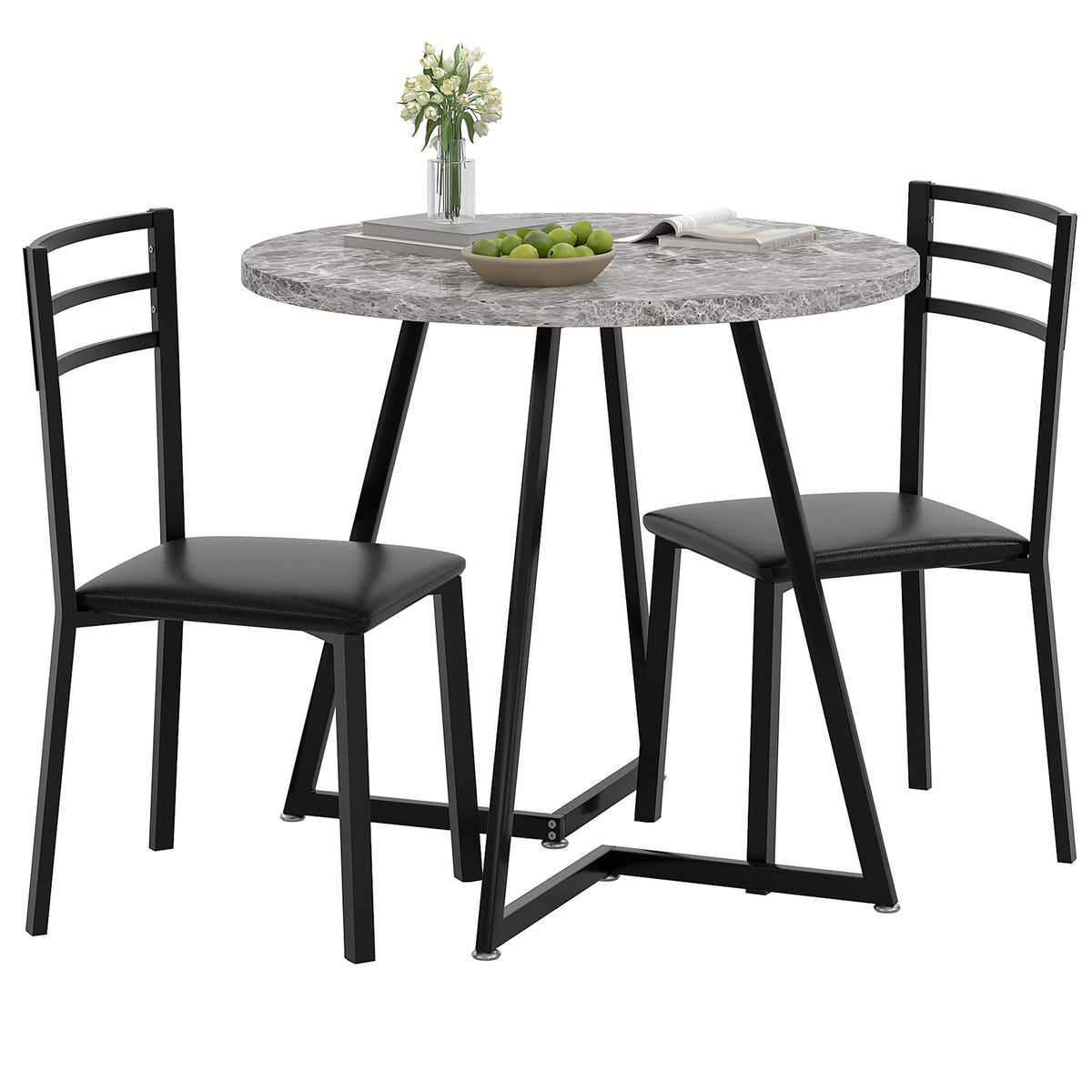 Vecelo Small Round Dining Table Set For 2, Wood Tabletop With Strong Metal Frame, Modern Dinette With Chairs For Kitchen, Breakf
