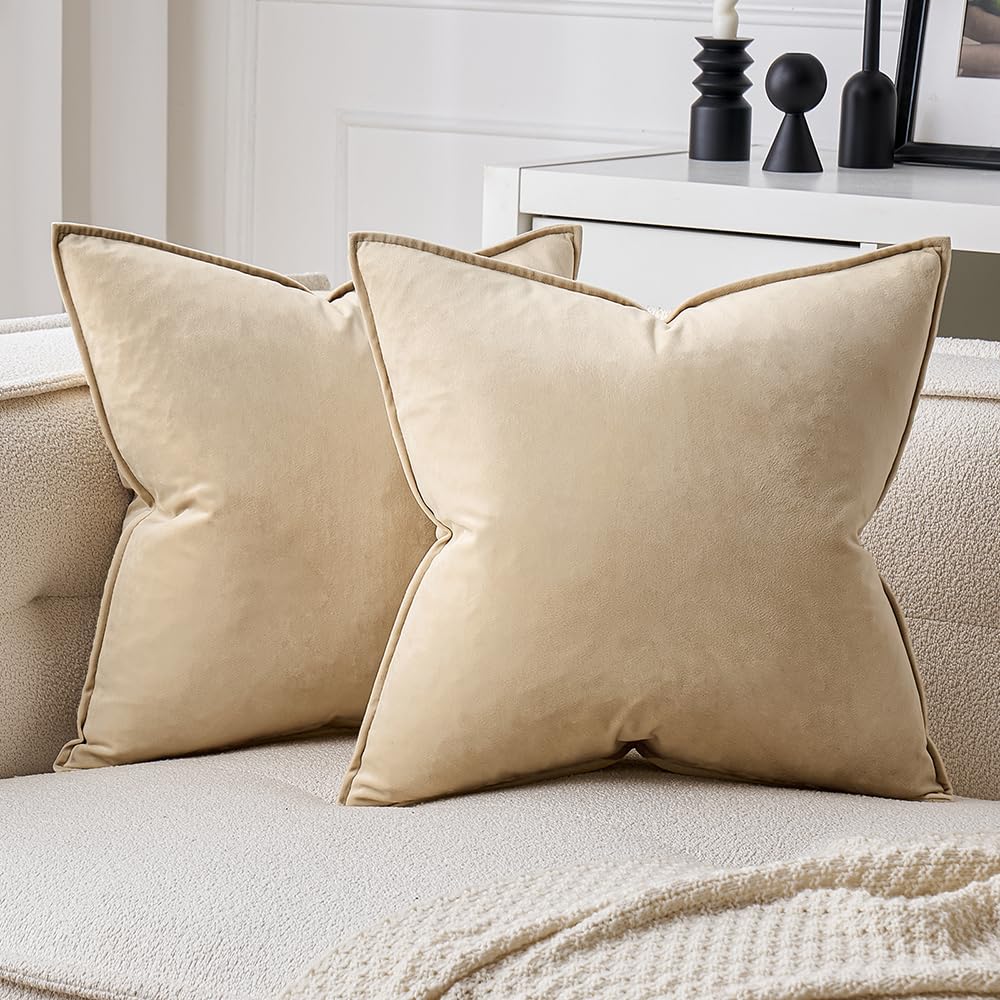 Miulee Beige Decorative Velvet Throw Pillow Covers Soft Pillow Covers Soild Square Cushion Case For Sofa Bedroom 20X20 Inch 50X5