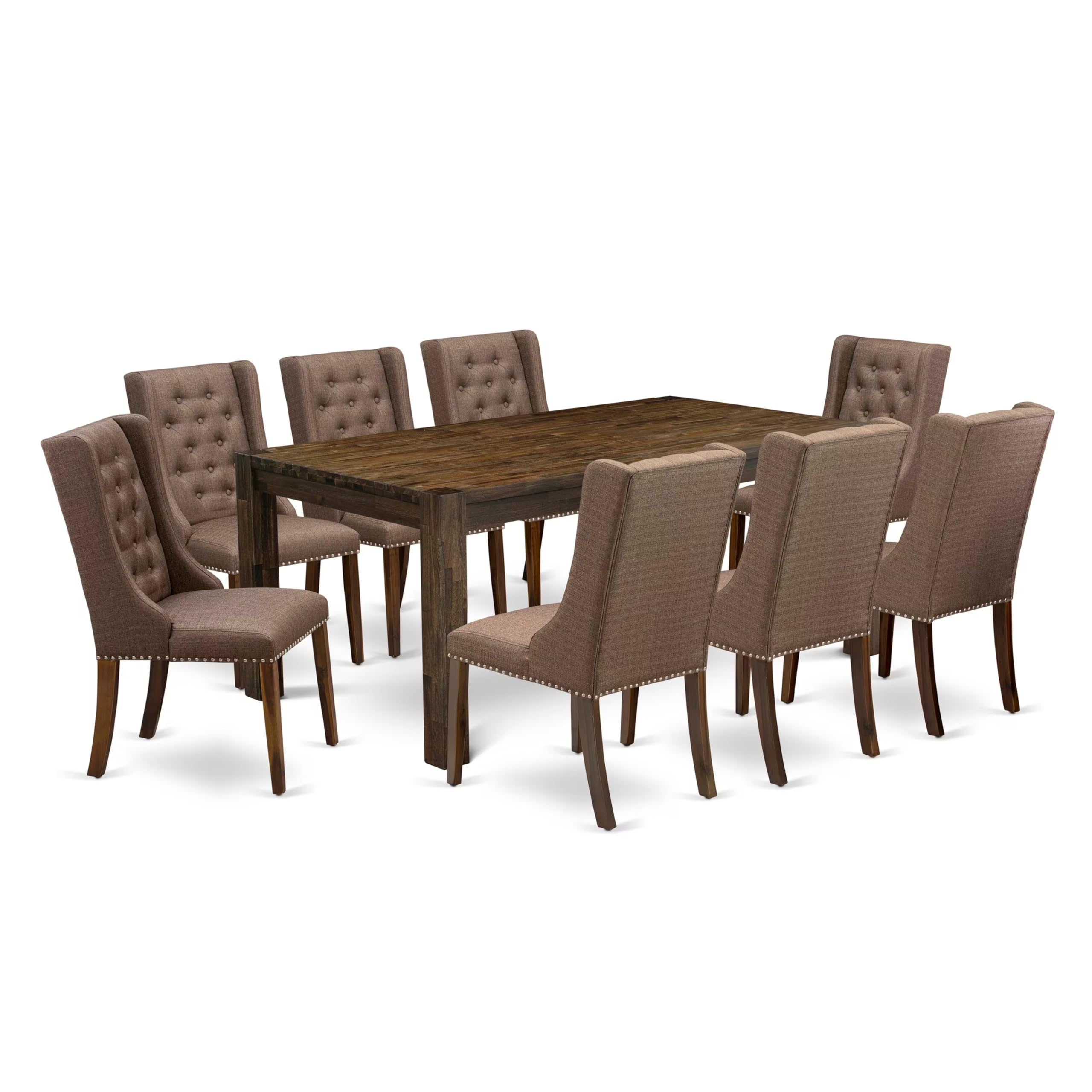 East West Furniture LMFO9-N8-18 9 Piece Dining Table Set Includes a Rectangle Rustic Wood Kitchen Table and 8 Brown Linen Linen Fabric Upholstered Parson Chairs, 40x72 Inch, Walnut