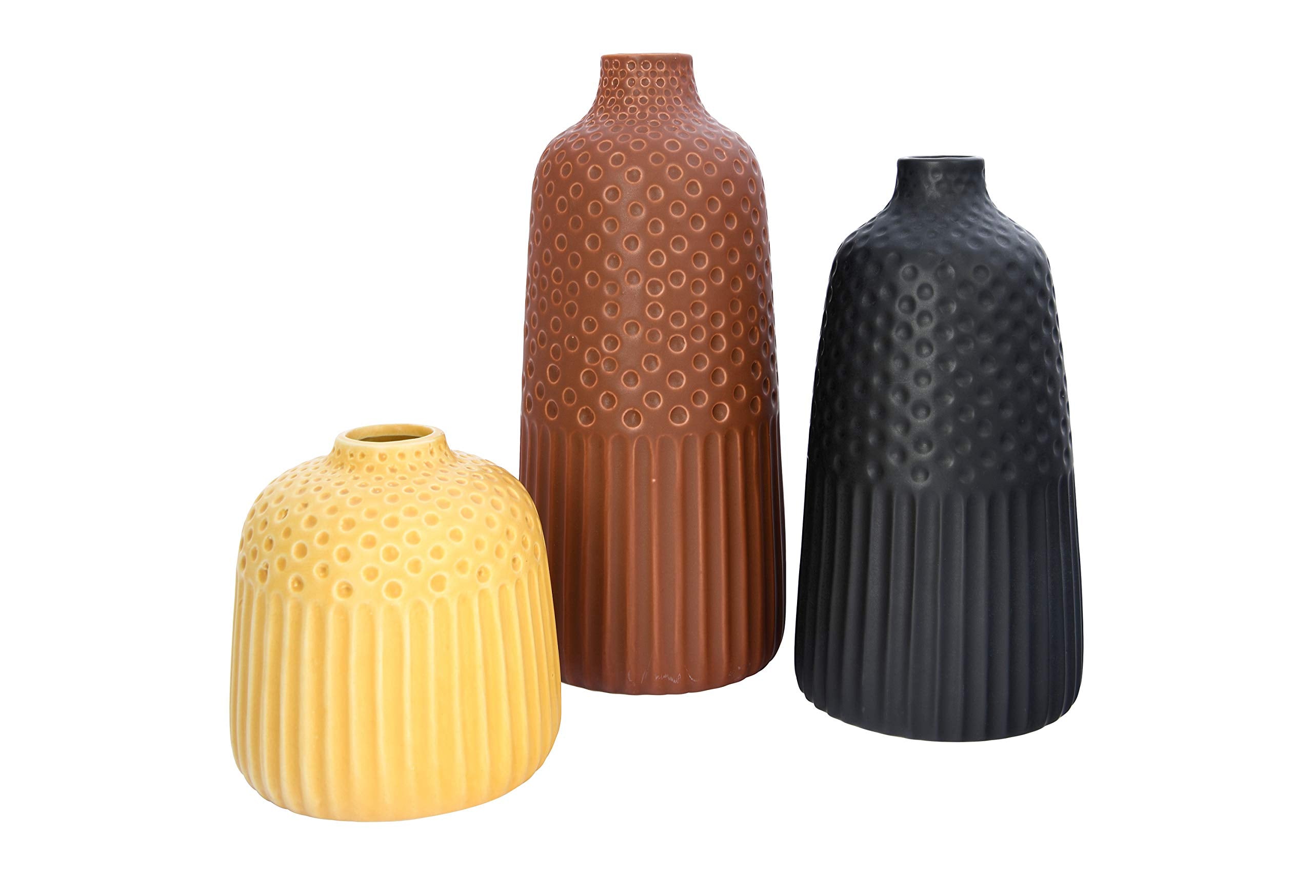 Creative Co-Op Embossed Stoneware Vases with Fluted & Polka Dot Designs (Set of 3 Sizes/Colors)
