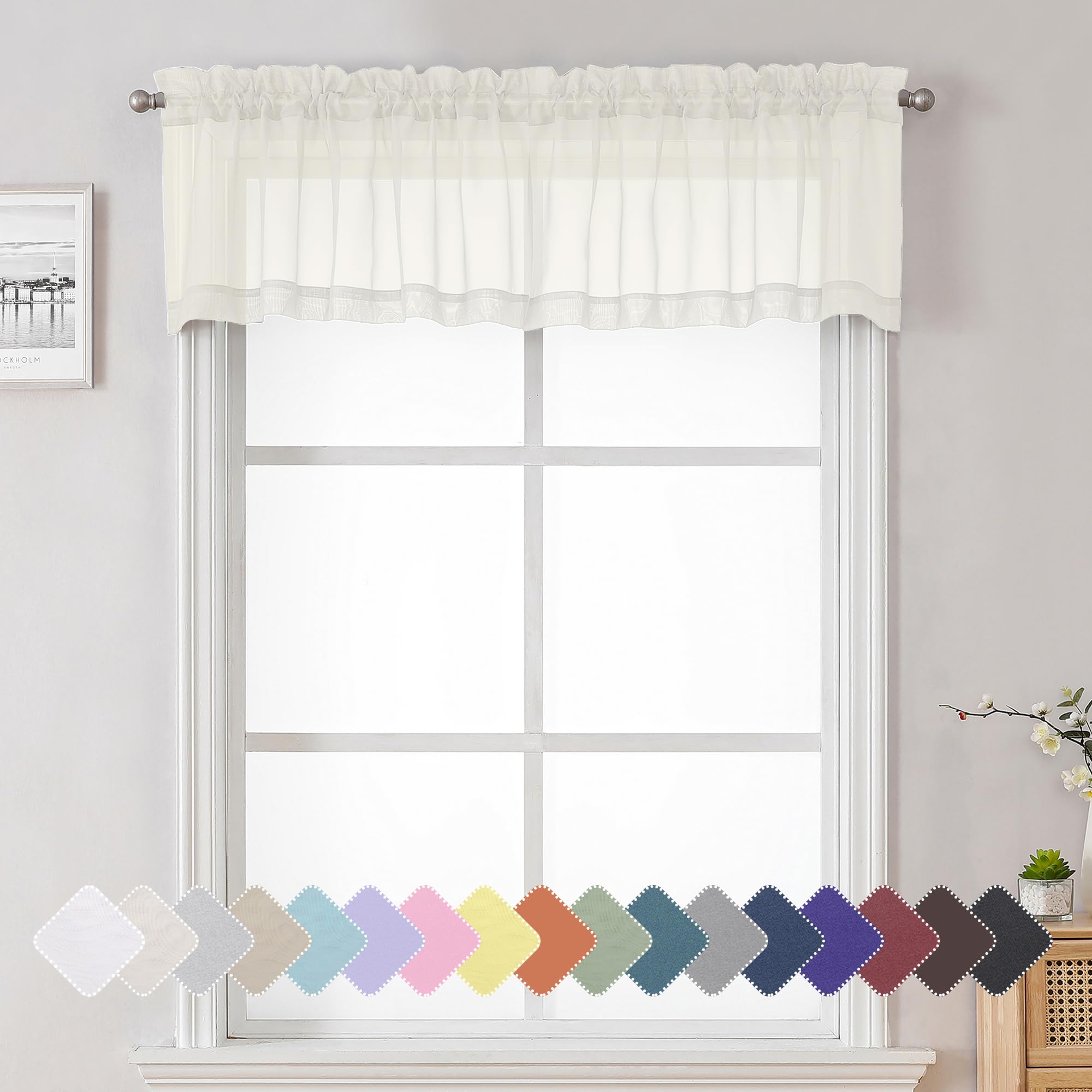 Lecloud 14 Inch Ivory Sheer Curtains Valance 2 Pieces, Cafe Kitchen Curtain For Small Window Dual Rod Pockets, Light Filtering L