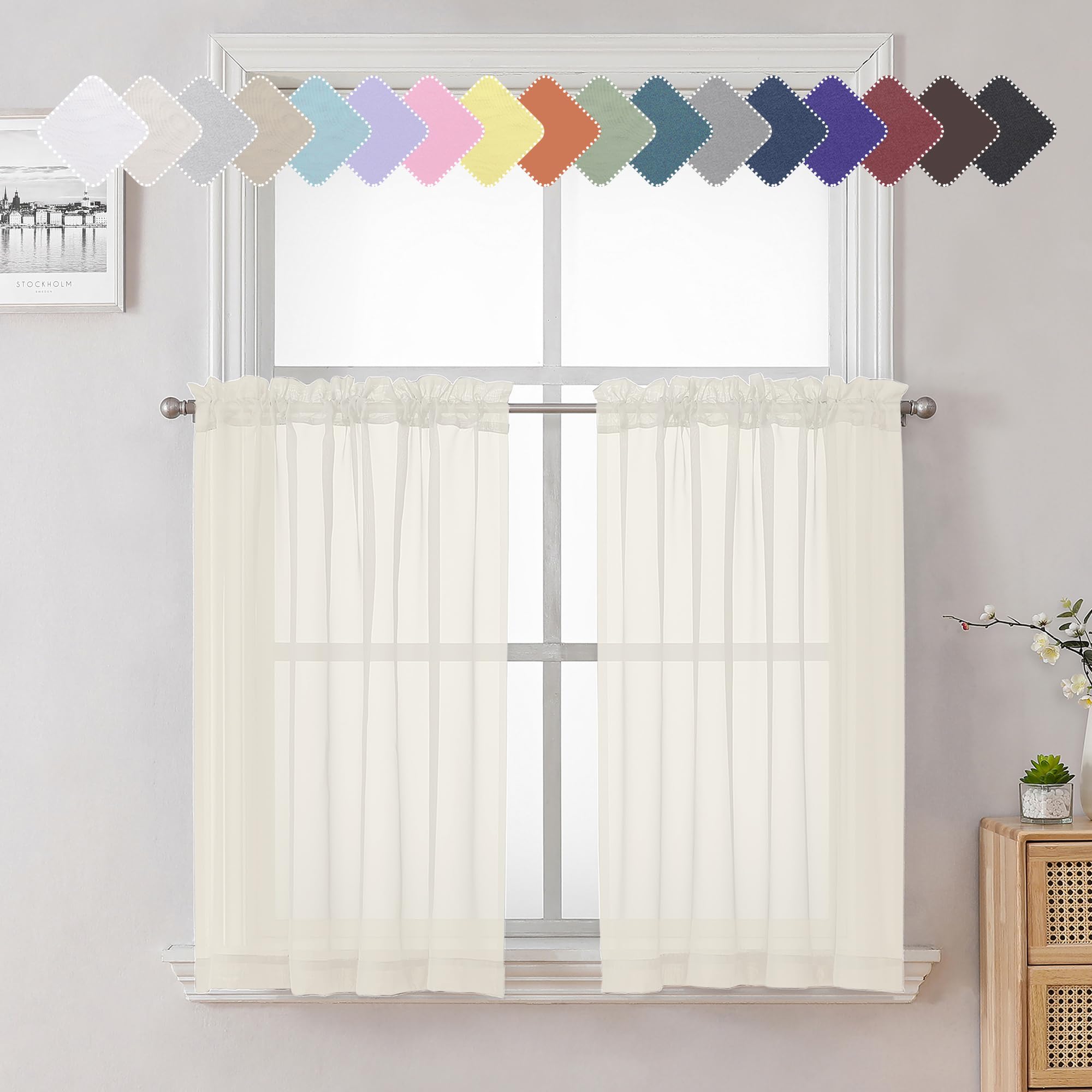 Lecloud Ivory Sheer Curtains Tiers 36 Inches Length Set Of 2 Pieces, Living Room Decor Voile Curtain For Small Kitchen Window, D