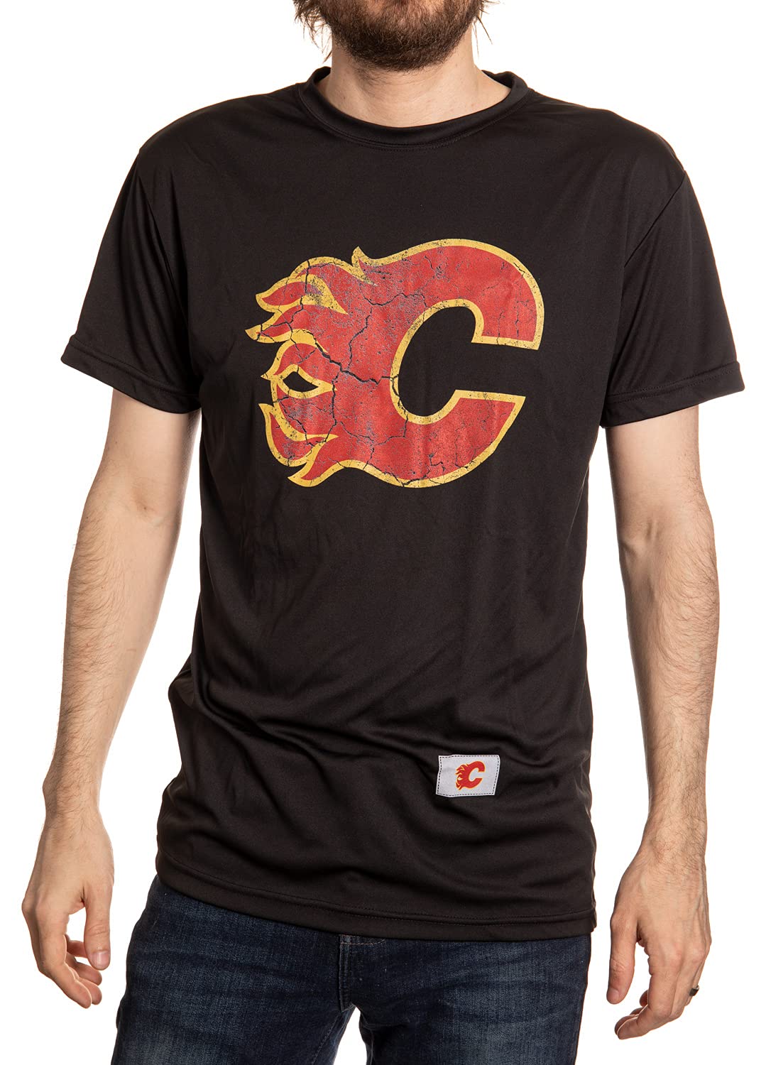 Nhl Mens Loose Fit Performance Rashguard Wicking Short Sleeve Shirt (Calgary Flames, Medium)