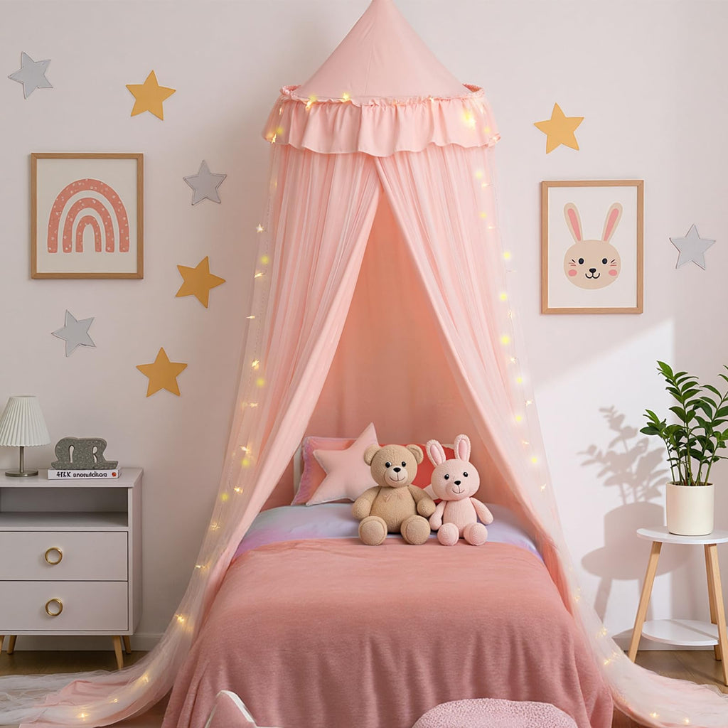 Yeerswag Double Layer Bed Canopy With Star Lights, Bed Canopy For Girls, Twin Size Canopy Bed Curtain For Children Princess Play