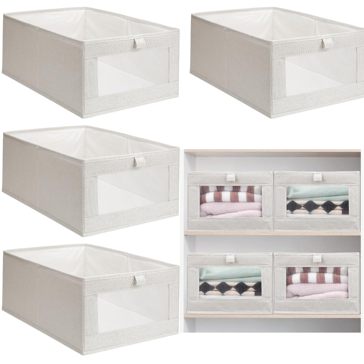 Kigley 4 Pcs Linen Closet Organizers and Storage Foldable Clothing Bins Large Foldable Box with Window Storage Baskets for Close