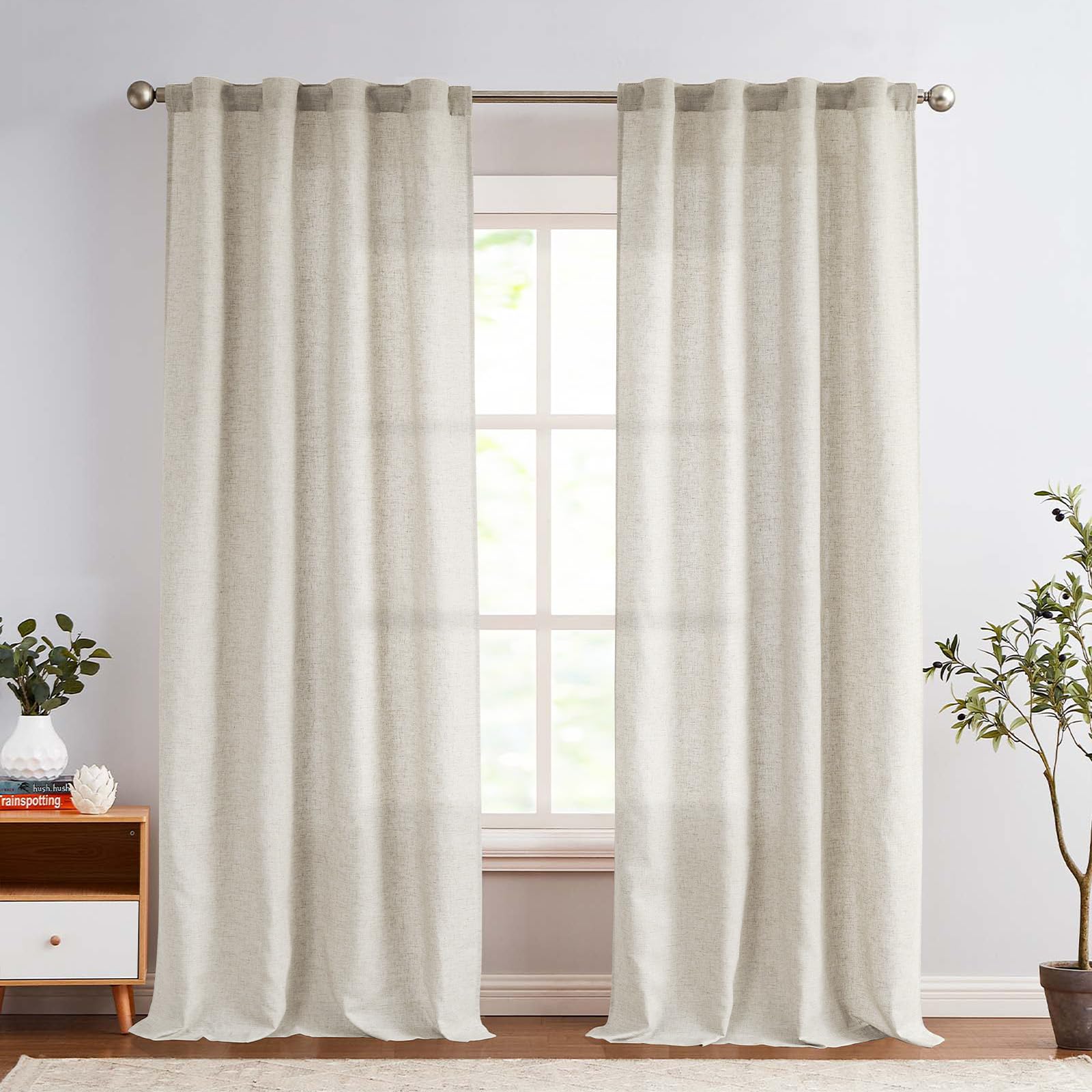 Jinchan Linen Blend Beige Curtains 96 Inches Long For Living Room Farmhouse Rod Pocket Back Tab Light Filtering Window Drapes For Bedroom Curtains Crude 2 Panels