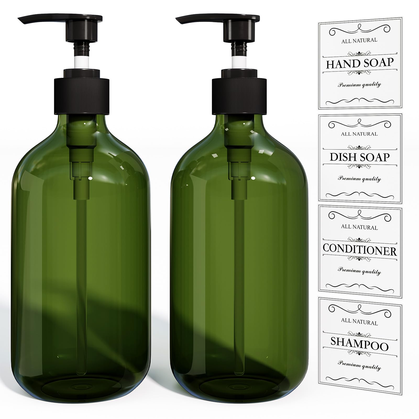 Kzeirm Green Soap Dispenser, Dish Soap Hand Soap Dispenser Set for Bathroom & Kitchen, Refillable Pump Bottle Dispenser, Plastic