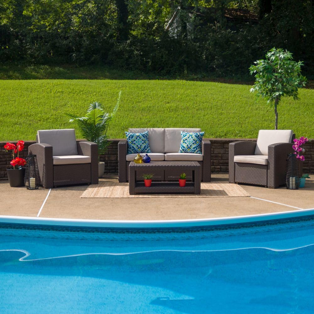 Flash Furniture Seneca 4 Piece Outdoor Faux Rattan Chair, Loveseat and Table Set in Seneca Chocolate Brown
