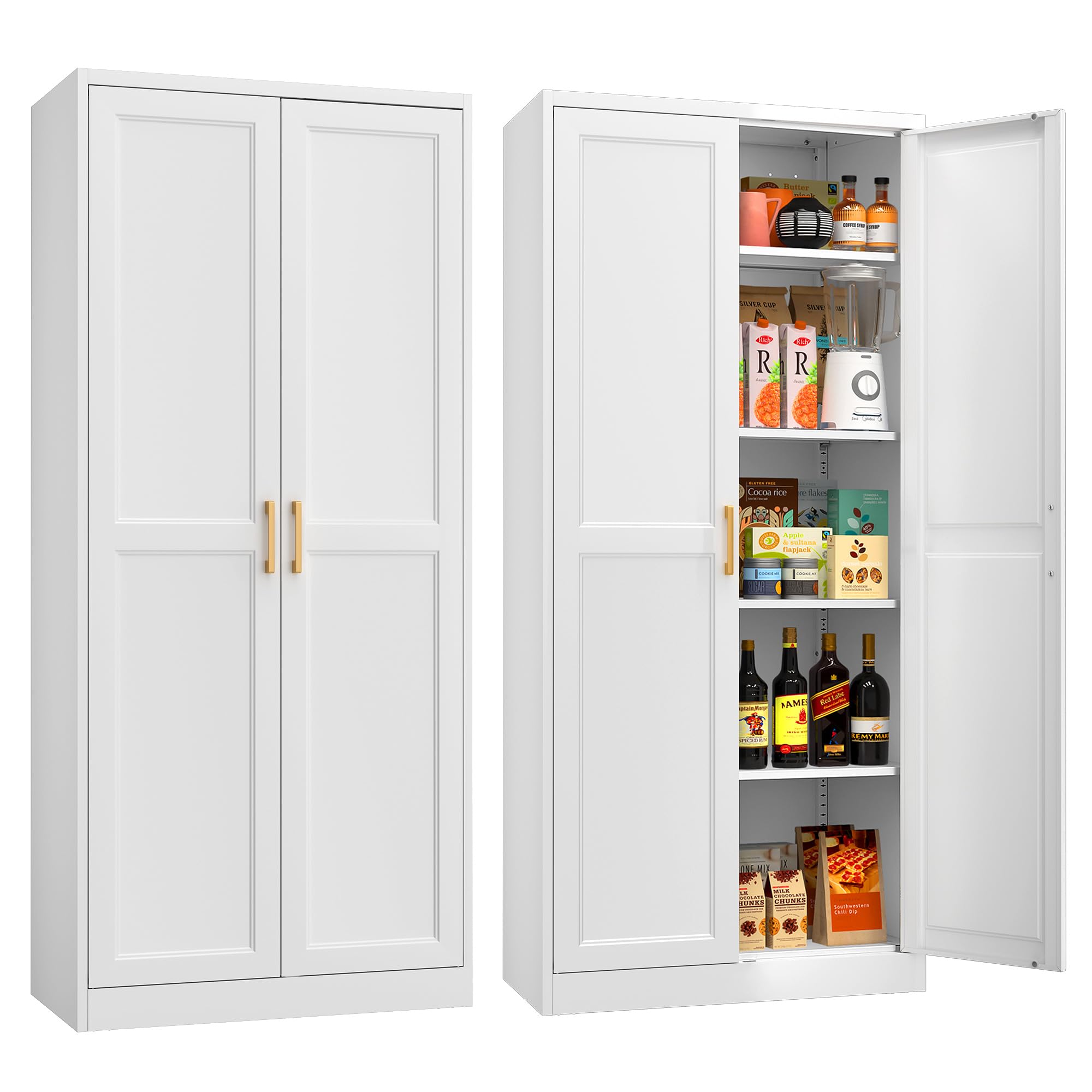 71  Tall Metal Storage Cabinet, Kitchen Pantry Storage Cabinets with Doors and 4 Shelves, White Pantry Cabinet, Utility Kitchen 