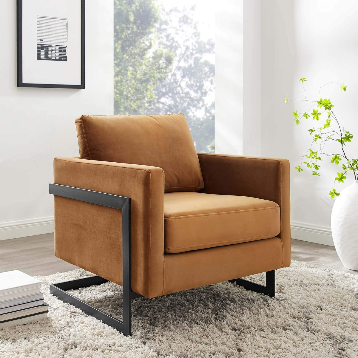 Posse Performance Velvet Accent Chair In Black Cognac