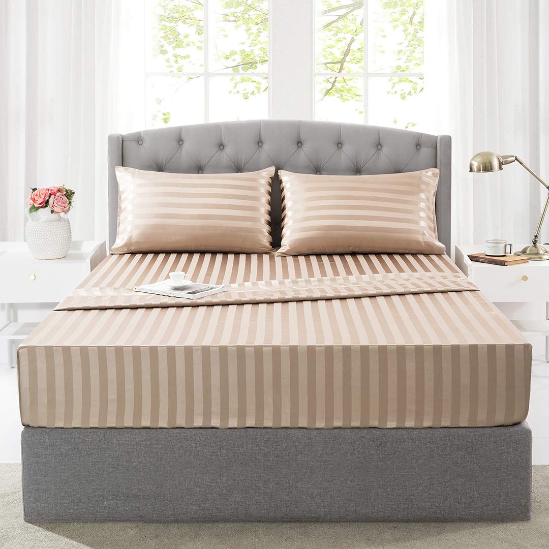 Satin-Silk Sheets Twin Size Bed Set, Taupe Soft Cooling Deep Pocket Sheets, Hypoallergenic, Wrinkle And Fade Resistant Bedding S