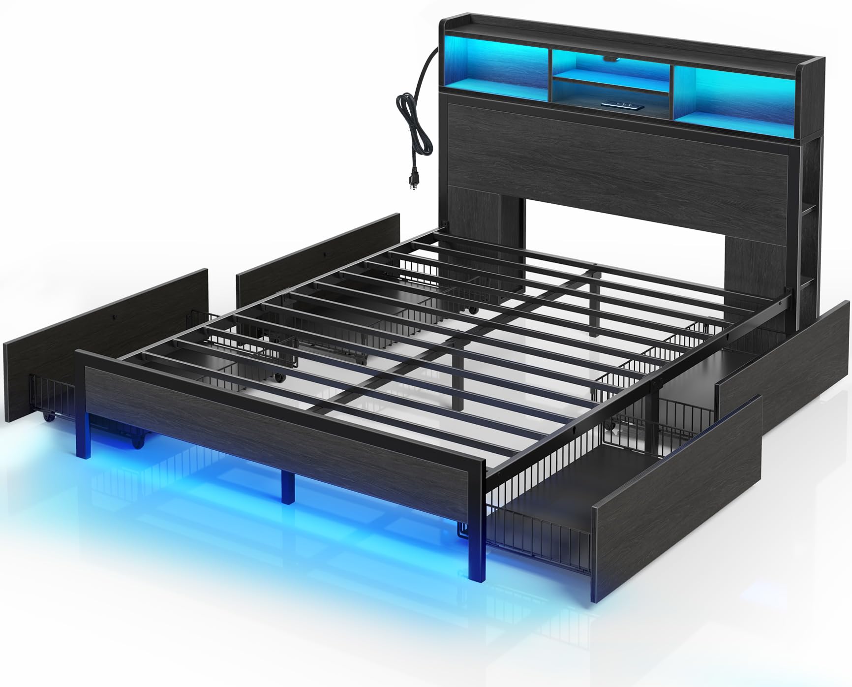 Rolanstar Full Bed Frame With Storage Headboard, Metal Platform Bed With Charging Station, Led, 4 Drawers, Bookcase Storage, No Box Spring Needed, Easy Assembly, Noise-Free, Black