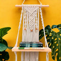 Ecofynd 12 Inches Cotton Wall Hanging Wooden Shelf, Bohemian Boho Nordic Style For Home Decor, Floating Rack For Bedroom Living 