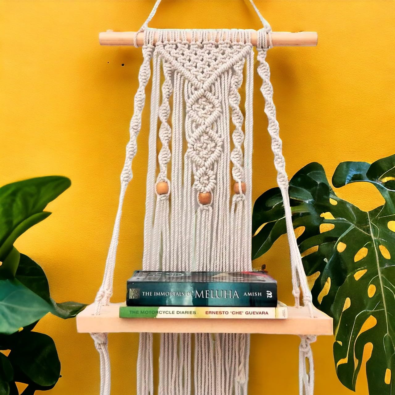 Ecofynd 12 Inches Cotton Wall Hanging Wooden Shelf, Bohemian Boho Nordic Style For Home Decor, Floating Rack For Bedroom Living 