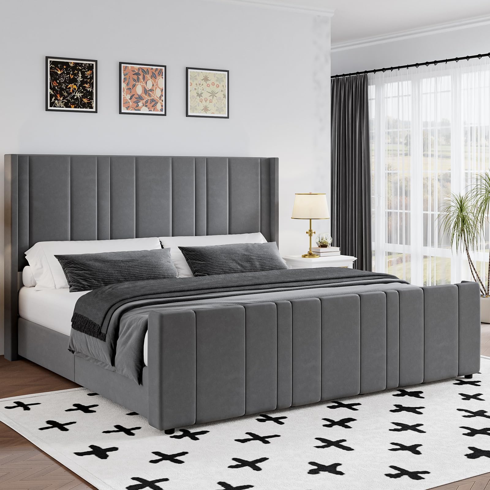 King Size Bed Frame and Headboard, Modern Velvet Upholstered Bed Frame with Vertical Channel Tufted Headboard & Footboard, Soft 