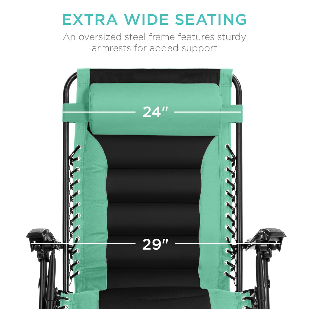 Best Choice Products Oversized Padded Zero Gravity Chair, Folding Outdoor Patio Recliner, Xl Anti Gravity Lounger For Backyard W/Headrest, Cup Holder, Side Tray, Polyester Mesh - Seafoam Green/Black